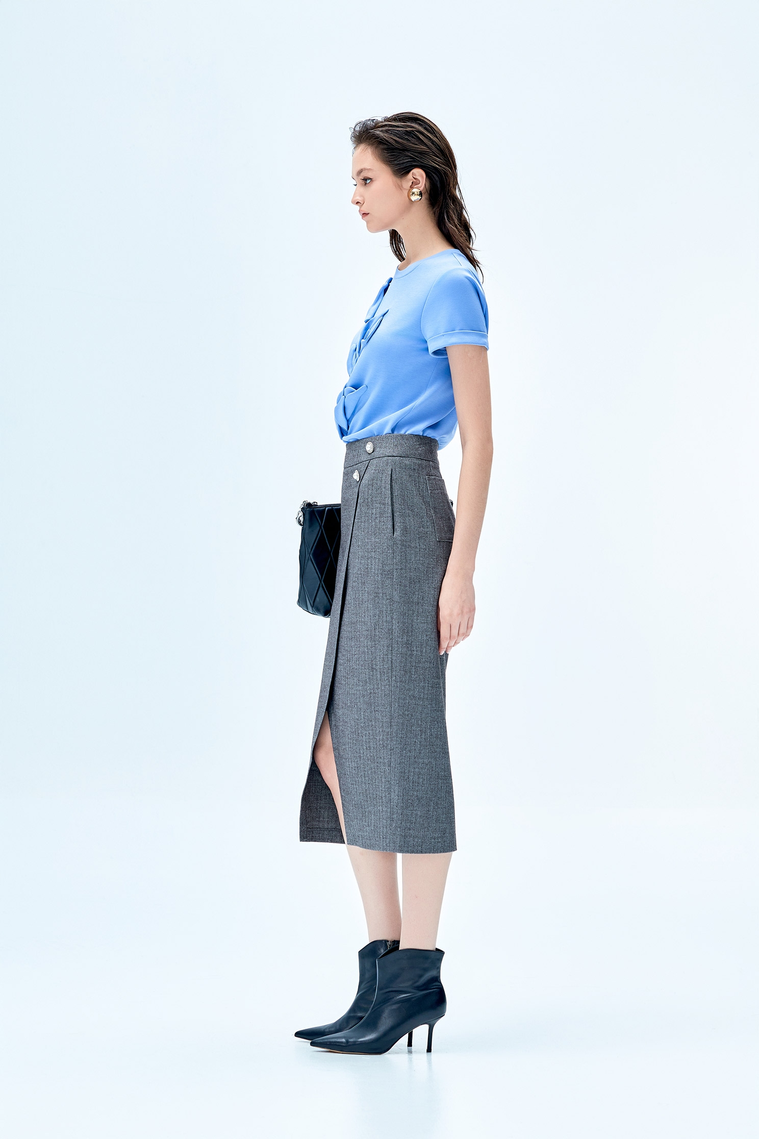 Grey Overlap Slit Pencil SkirtGrey Overlap Slit Pencil Skirt,Season (SS) Look,Pencil skirts,Midi skirts