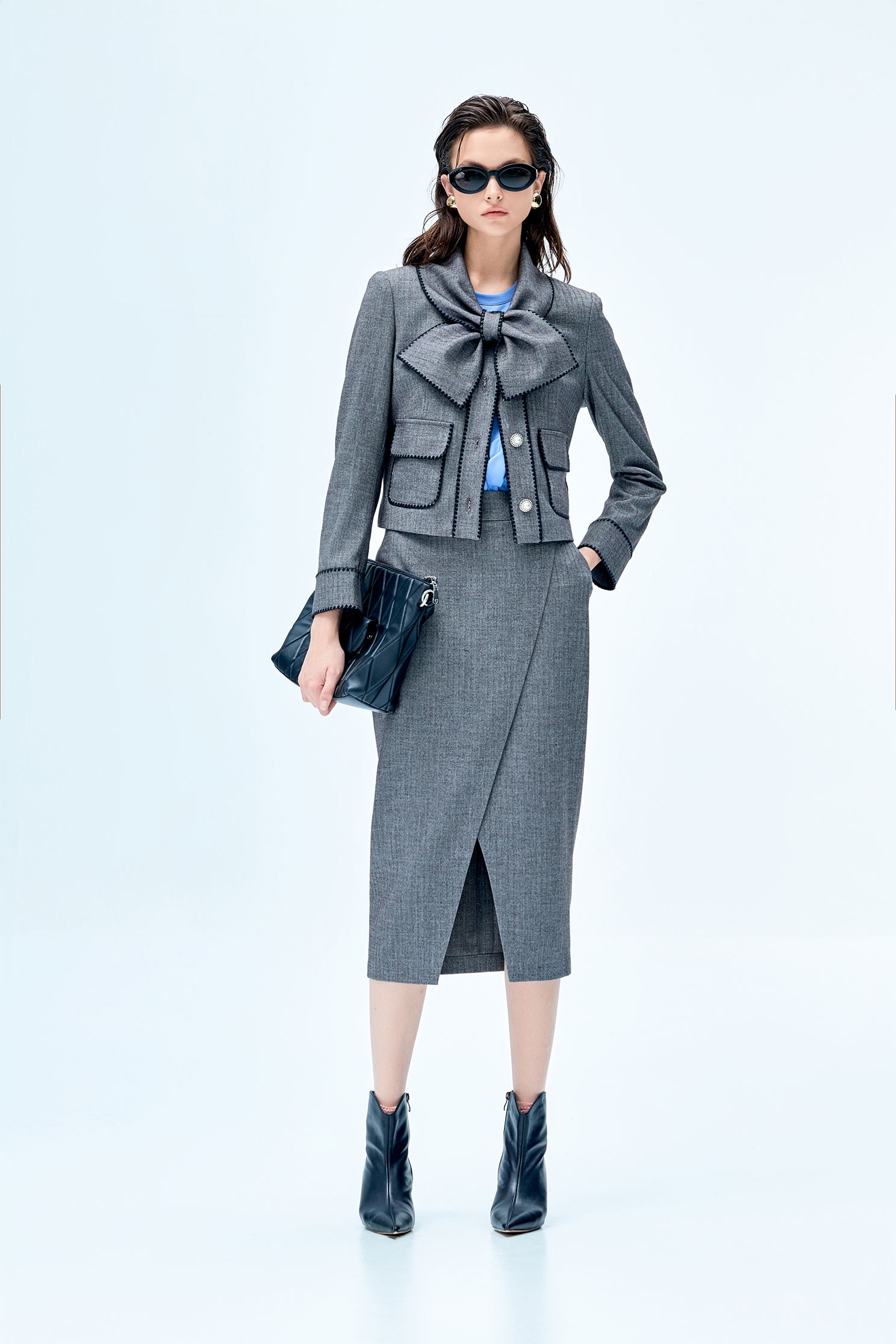 Grey Overlap Slit Pencil SkirtGrey Overlap Slit Pencil Skirt,Season (SS) Look,Pencil skirts,Midi skirts