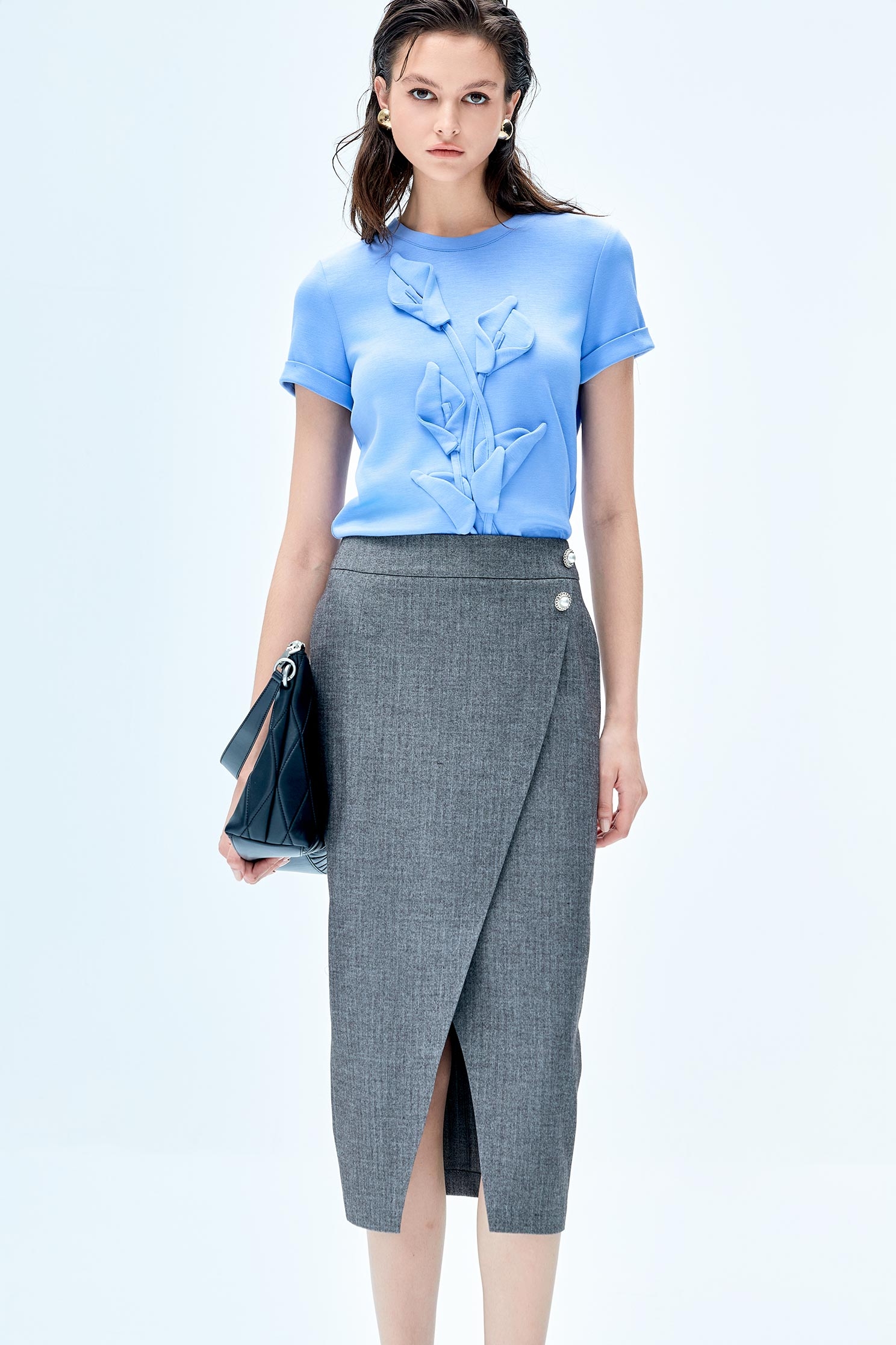 Grey Overlap Slit Pencil SkirtGrey Overlap Slit Pencil Skirt,Season (SS) Look,Pencil skirts,Midi skirts