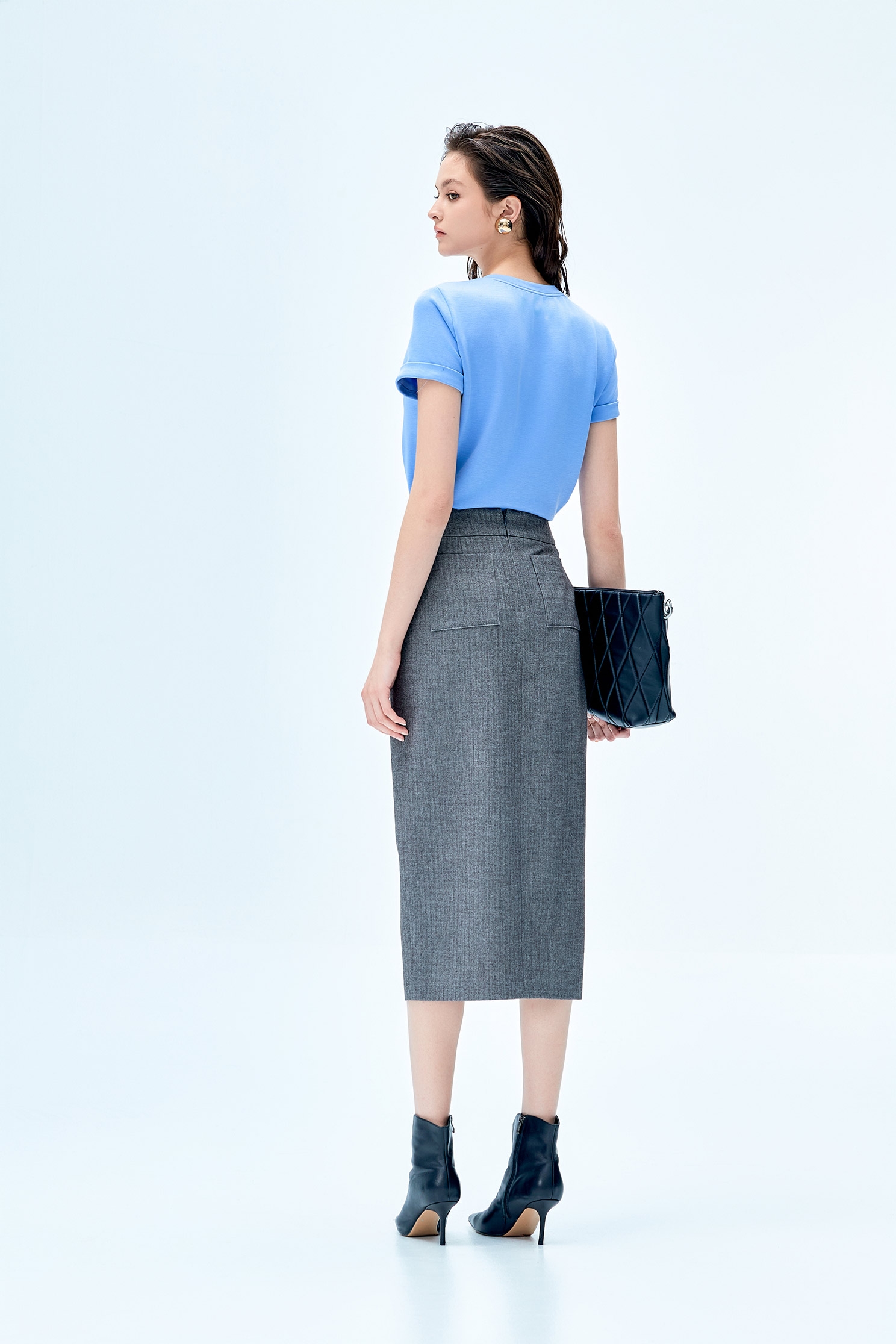 Grey Overlap Slit Pencil SkirtGrey Overlap Slit Pencil Skirt,Season (SS) Look,Pencil skirts,Midi skirts