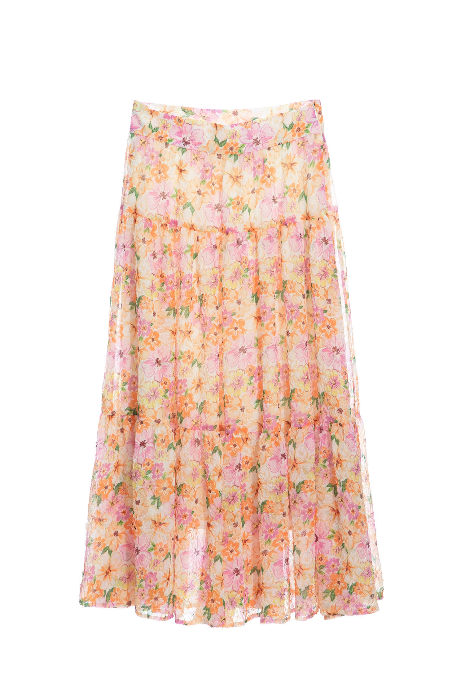 Bright Floral Print Tiered SkirtMaxi dress with garden print,Season (SS) Look,Layered skirts,Midi skirts,Chiffon