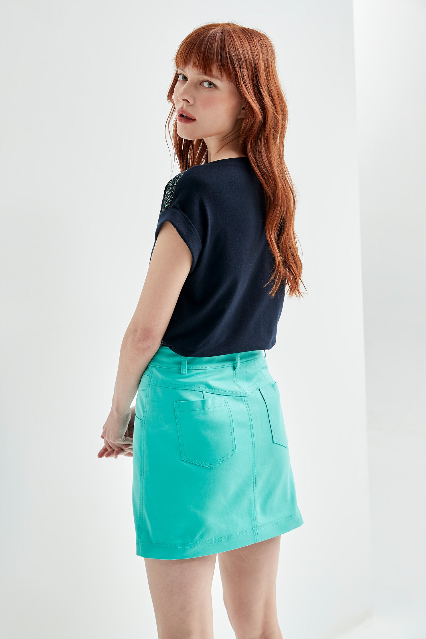 Tiffany Blue A-Line SkirtAquamarine blue pseudo-denim skirt,Season (SS) Look,Denim,Denim mini skirts,Denim skirts,Mini skirts