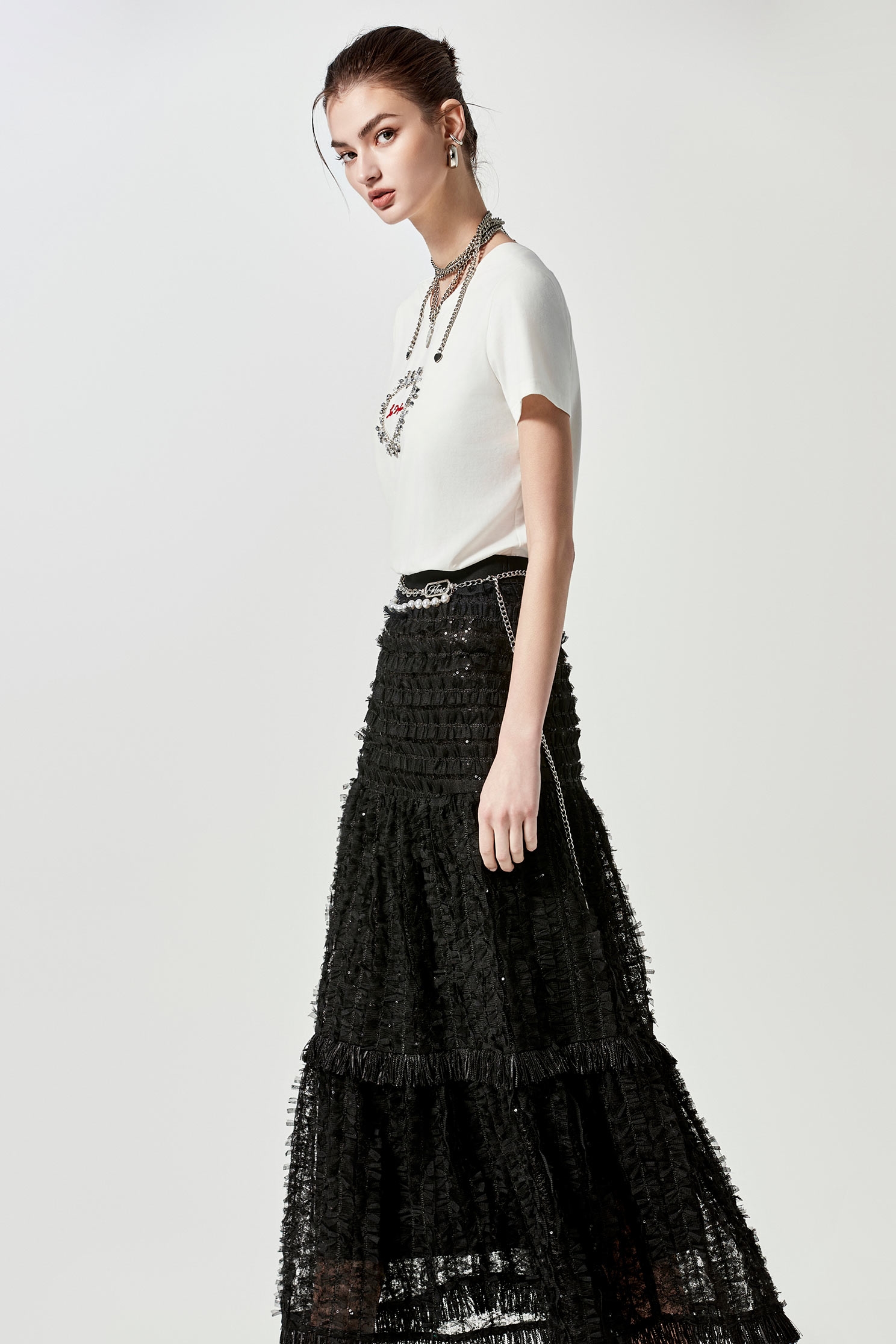 Mesh Fringe Tiered SkirtMesh Fringe Tiered Skirt,Season (SS) Look,Layered skirts,Lace