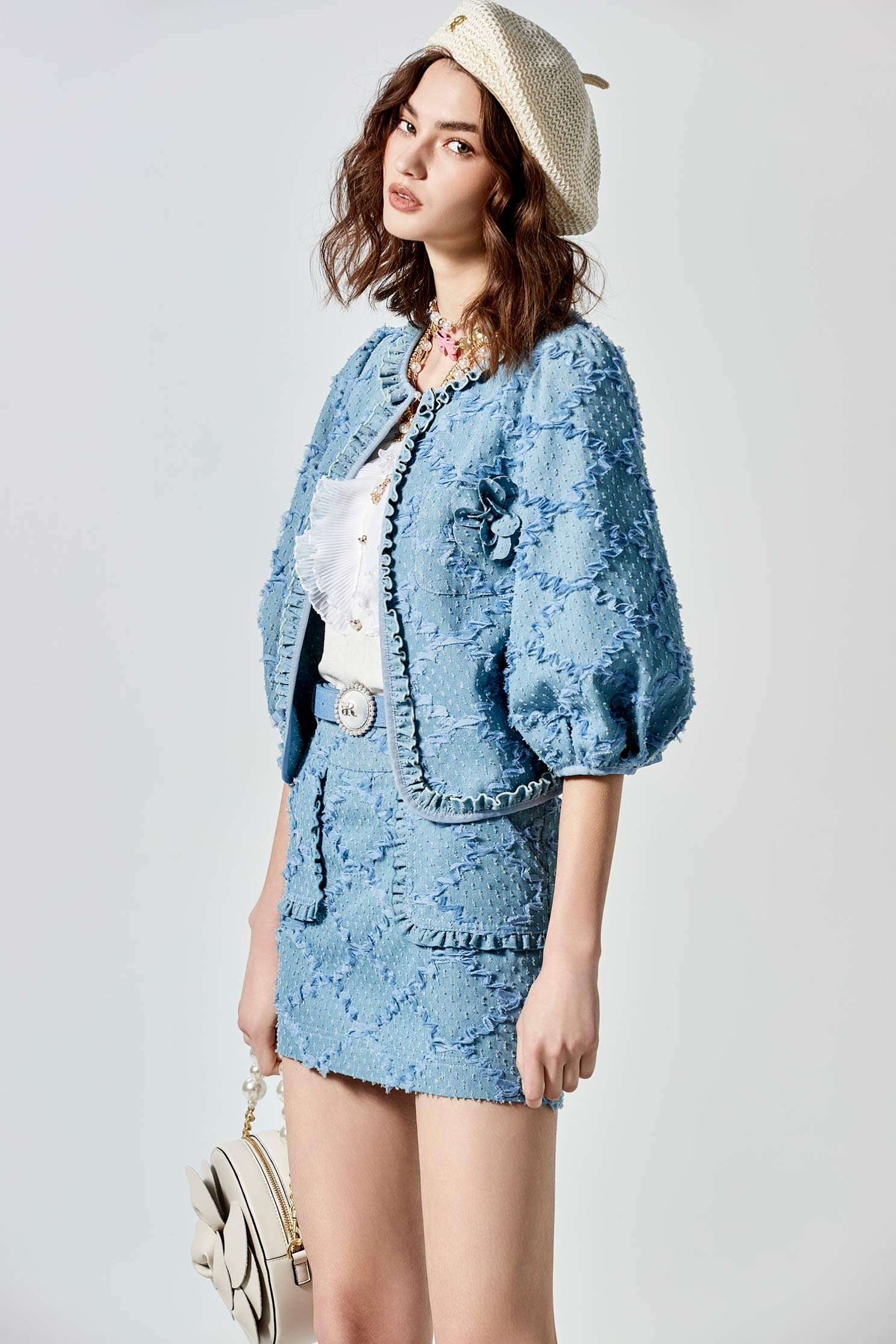 Diamond Ruffle Pattern Detail Denim SkirtDiamond Ruffle Pattern Detail Denim Skirt,Season (SS) Look,Plaid,Denim,Mini skirts