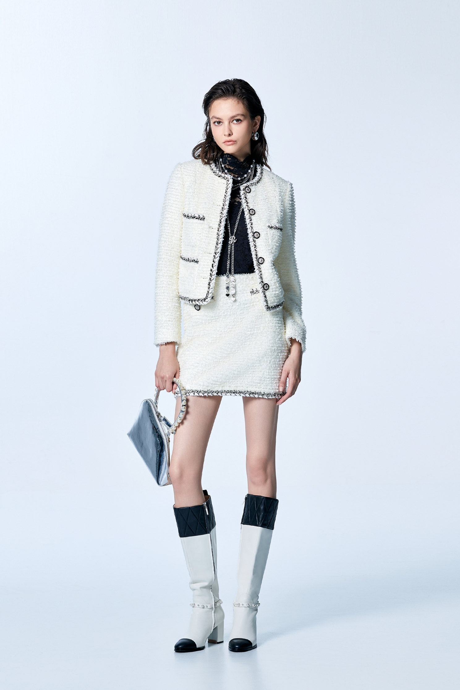 Off White Contrast Trim Tweed SkirtOff White Contrast Trim Tweed Skirt,Season (SS) Look,Mini skirts,Shorts