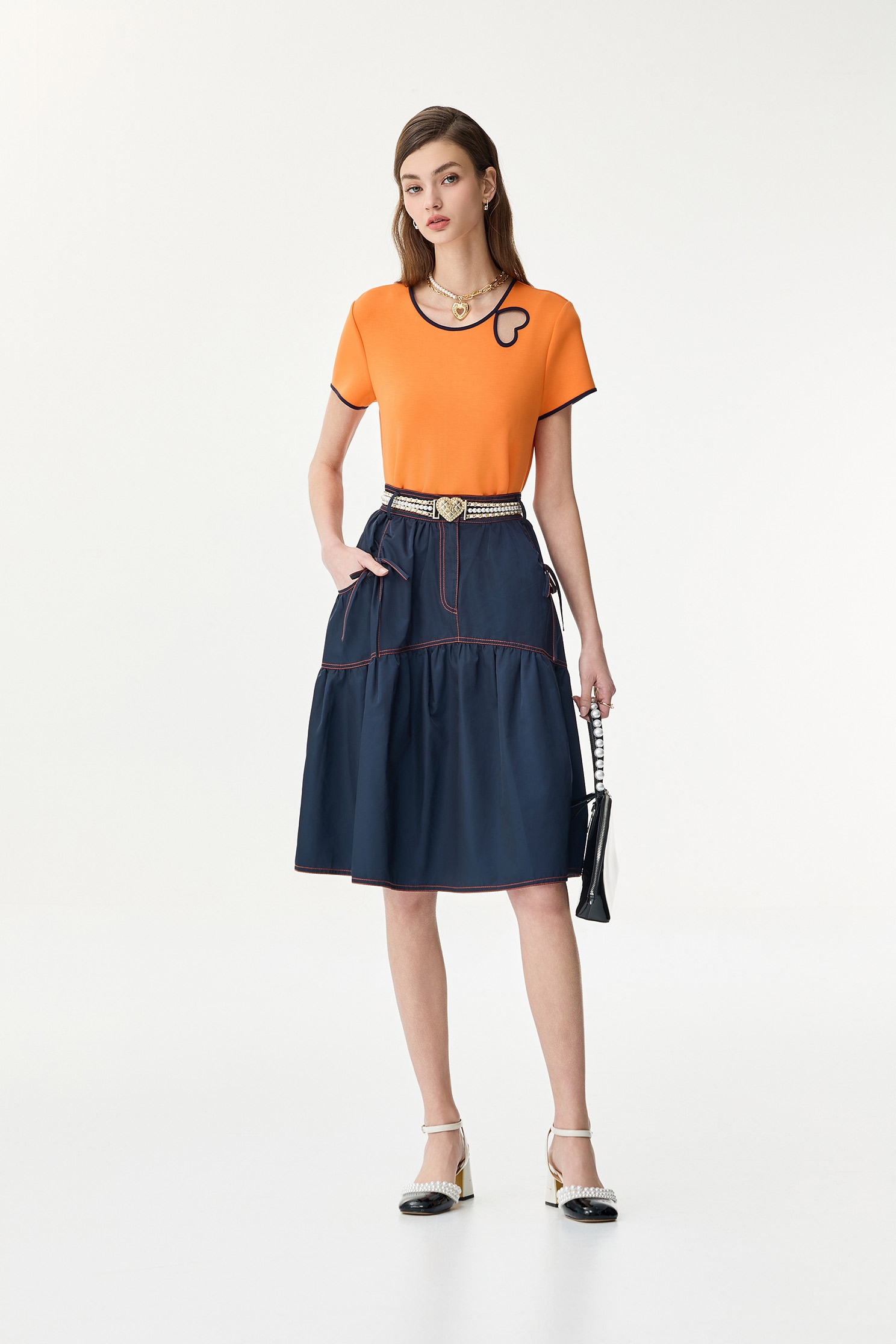 Navy Midi Skirt With Contrast Stitching DetailNavy Midi Skirt With Contrast Stitching Detail,Season (SS) Look,Tutu skirts,Midi skirts