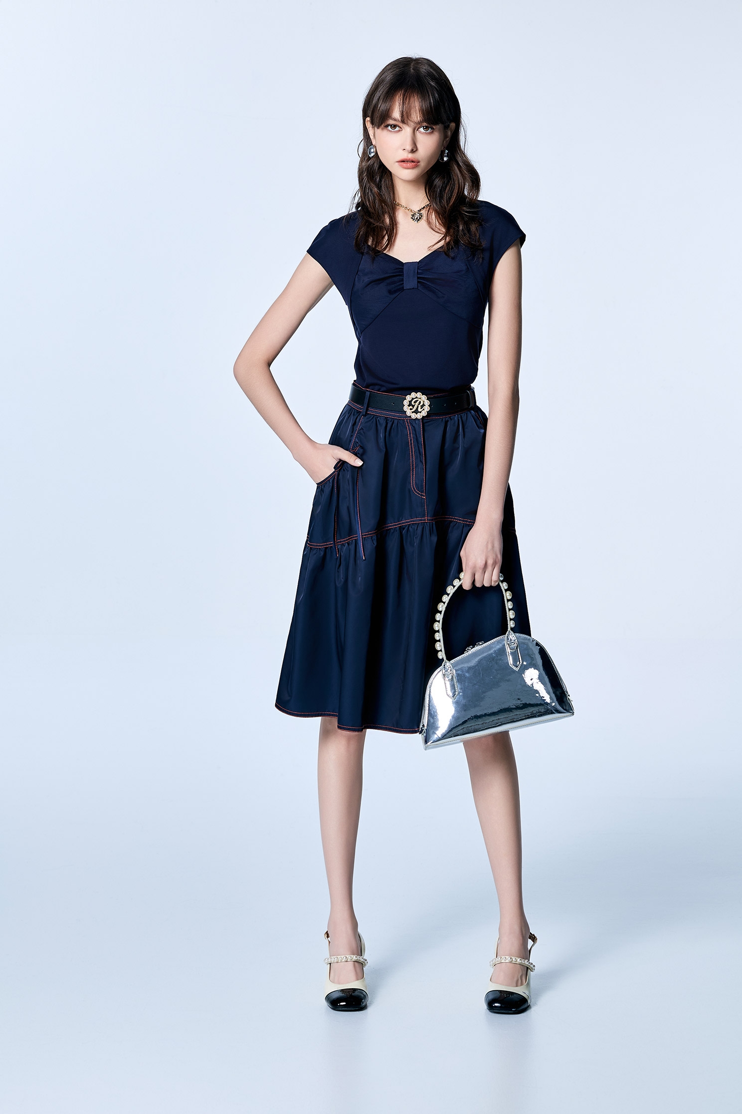 Navy Midi Skirt With Contrast Stitching DetailNavy Midi Skirt With Contrast Stitching Detail,Season (SS) Look,Tutu skirts,Midi skirts