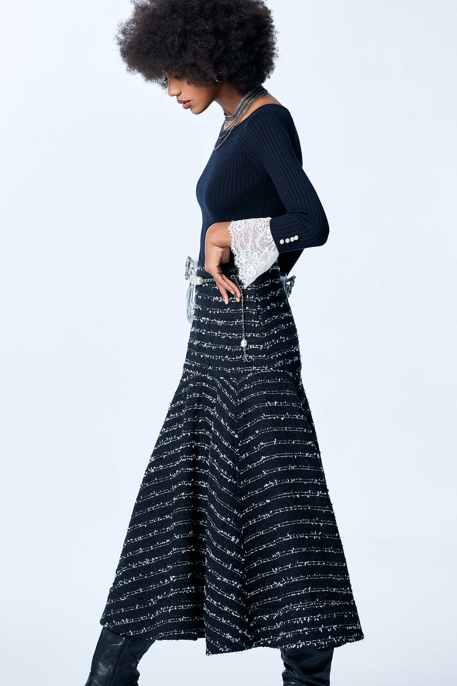 Contrast Fray Trim Maxi Tweed SkirtContrast Fray Trim Maxi Tweed Skirt,Season (SS) Look,pearl,Midi skirts