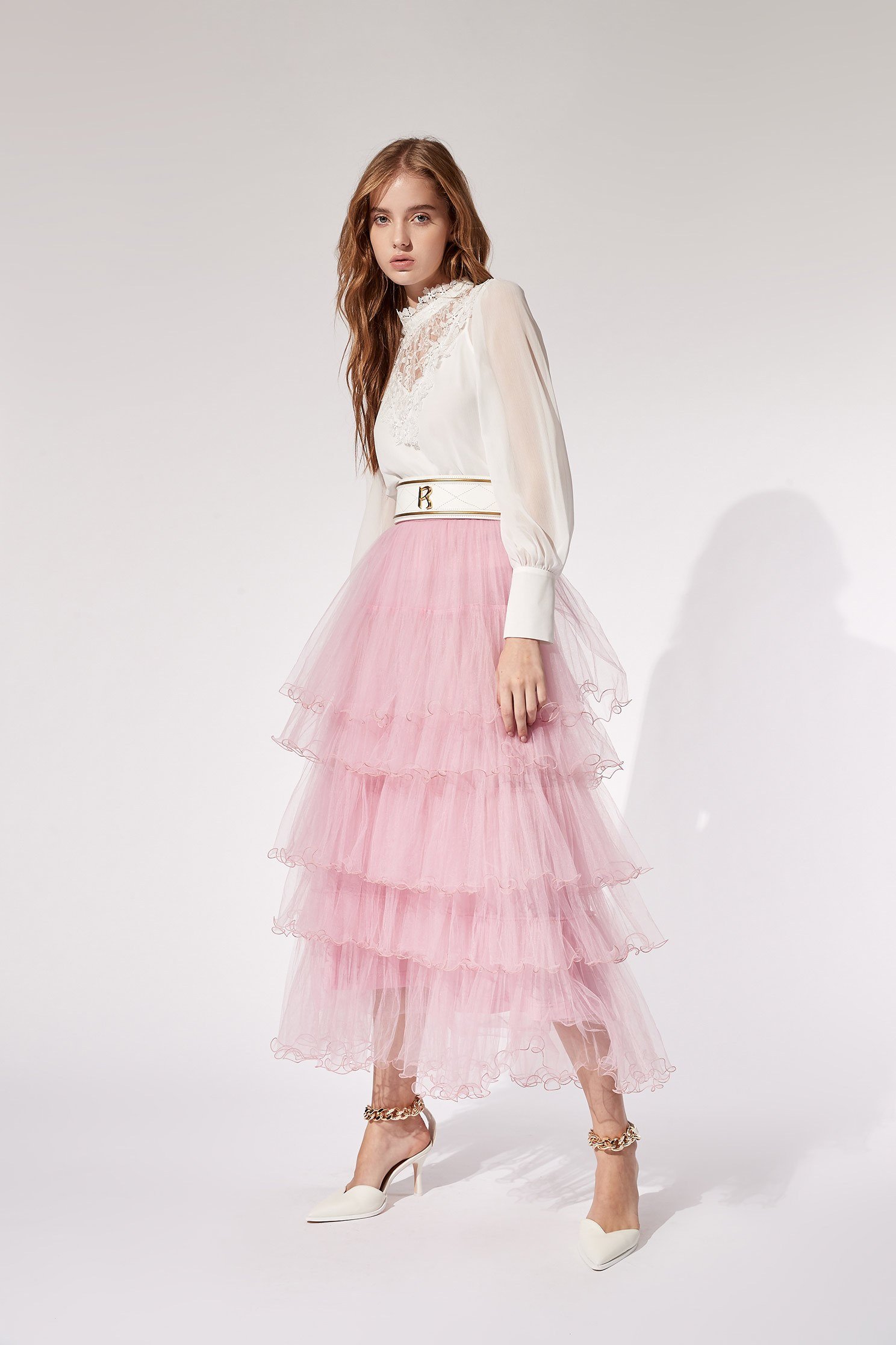 Layered Tulle Ruffle SkirtRuffled mesh long skirt,Restock,iROO LIVE,Season (AW) Look,Pink,Tutu skirts,Mesh fabric,Midi skirts