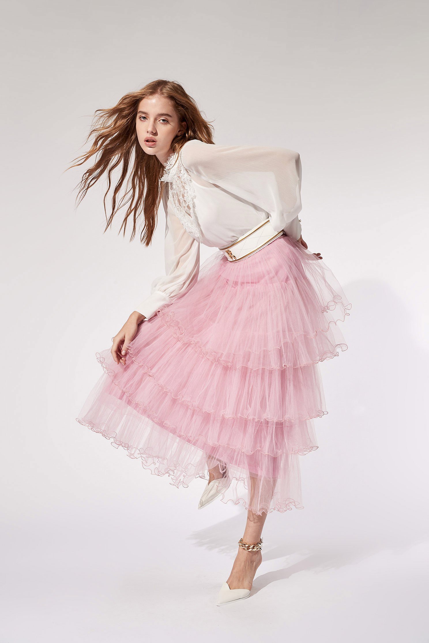 Layered Tulle Ruffle SkirtRuffled mesh long skirt,Restock,iROO LIVE,Season (AW) Look,Pink,Tutu skirts,Mesh fabric,Midi skirts