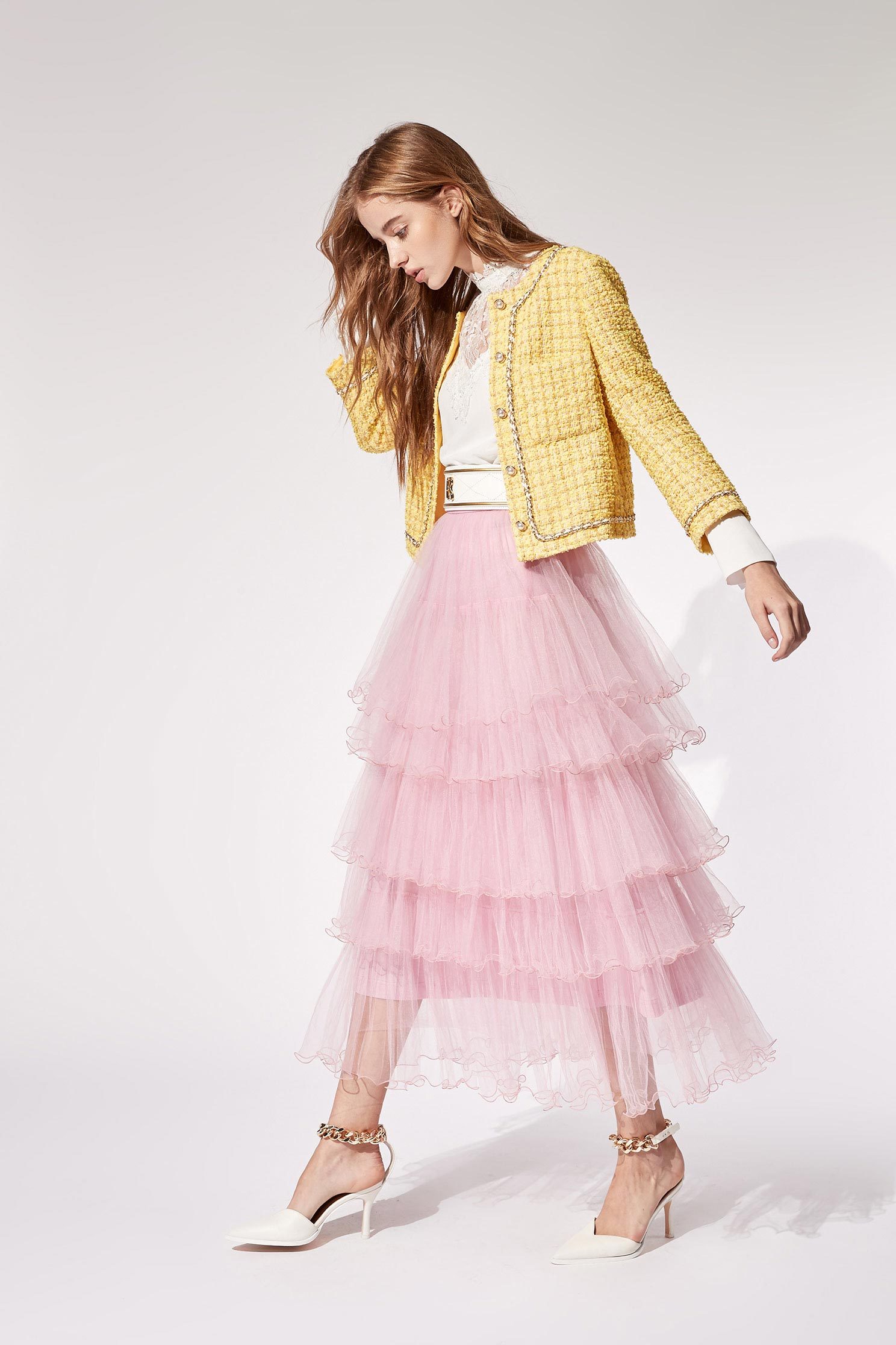 Layered Tulle Ruffle SkirtRuffled mesh long skirt,Restock,iROO LIVE,Season (AW) Look,Pink,Tutu skirts,Mesh fabric,Midi skirts