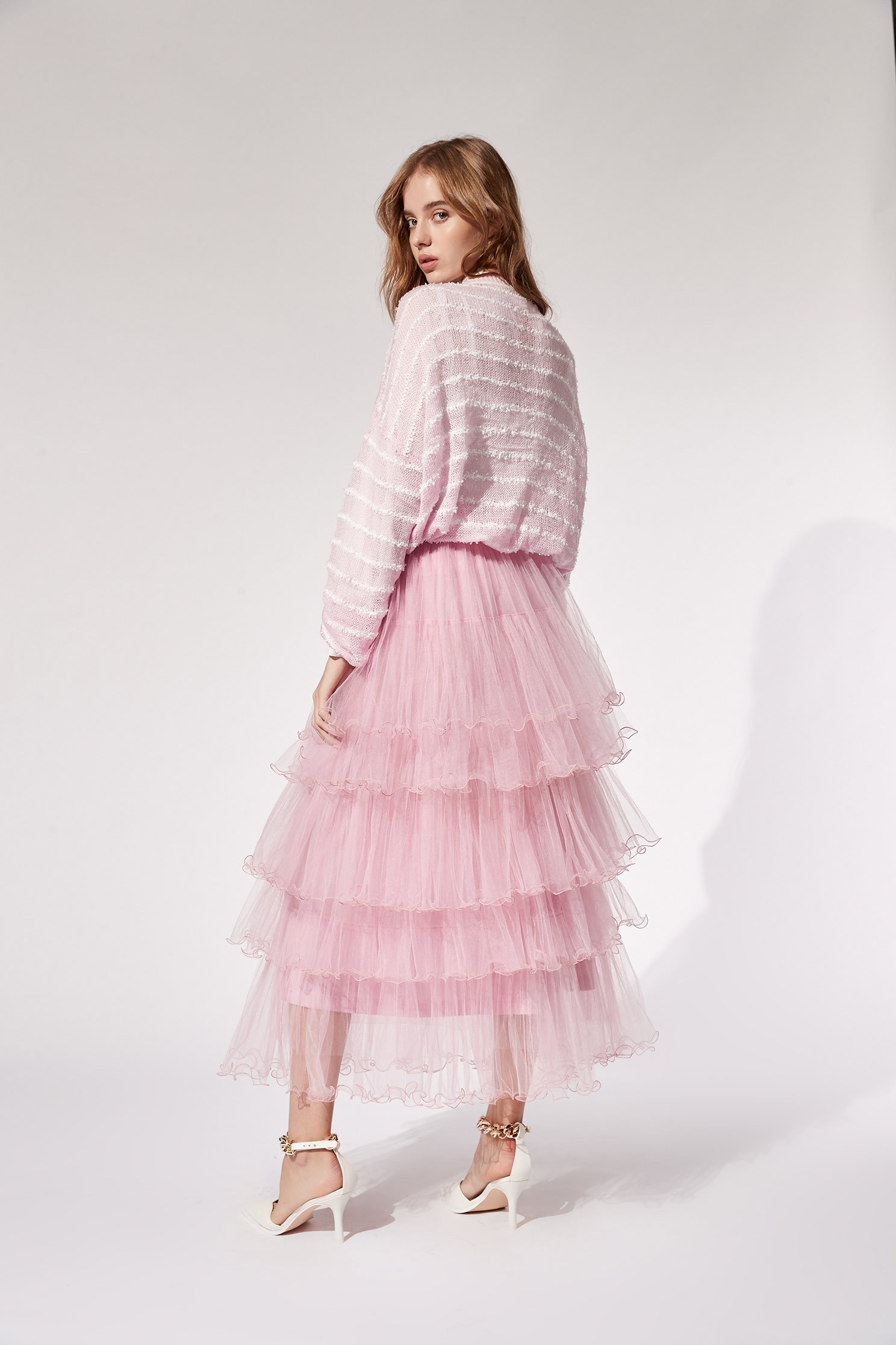 Layered Tulle Ruffle SkirtRuffled mesh long skirt,Restock,iROO LIVE,Season (AW) Look,Pink,Tutu skirts,Mesh fabric,Midi skirts