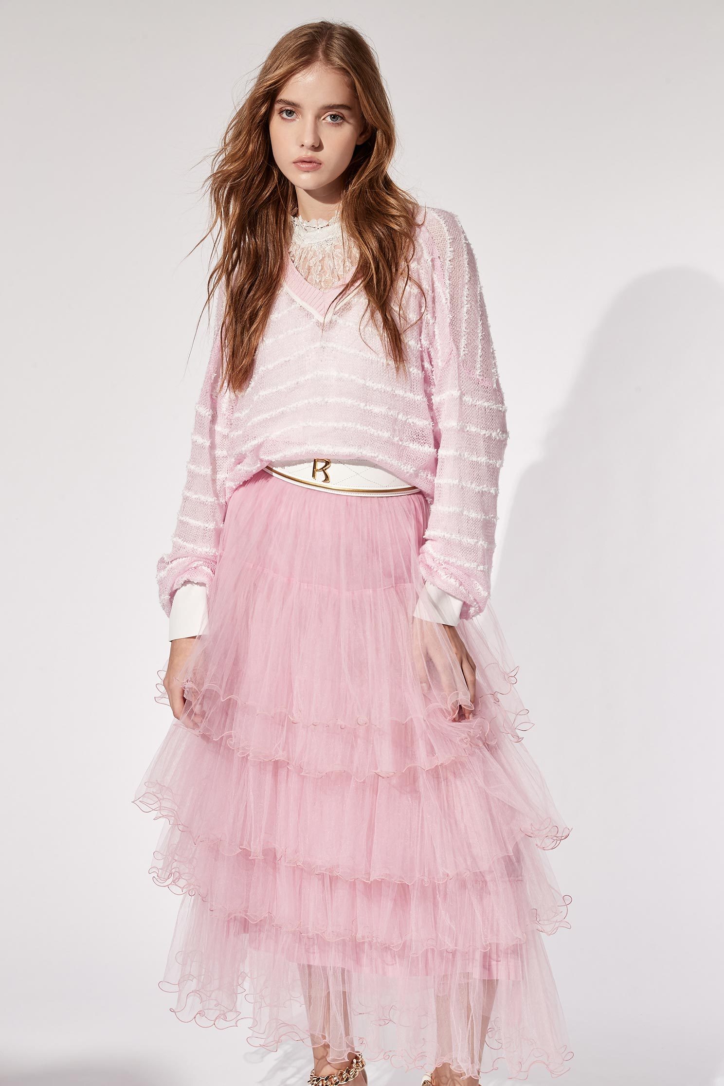 Layered Tulle Ruffle SkirtRuffled mesh long skirt,Restock,iROO LIVE,Season (AW) Look,Pink,Tutu skirts,Mesh fabric,Midi skirts