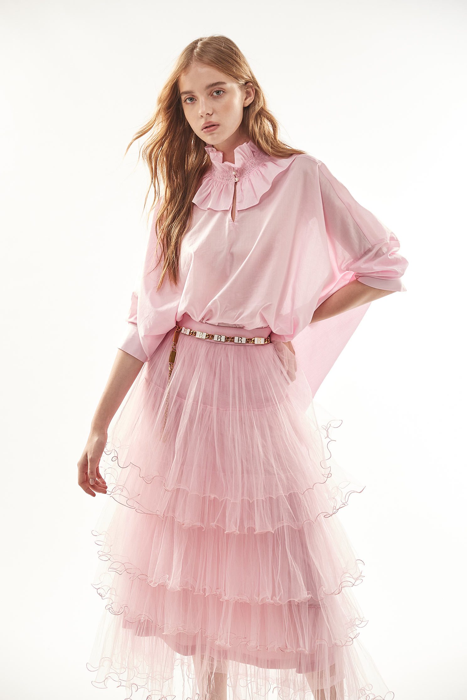 Layered Tulle Ruffle SkirtRuffled mesh long skirt,Restock,iROO LIVE,Season (AW) Look,Pink,Tutu skirts,Mesh fabric,Midi skirts