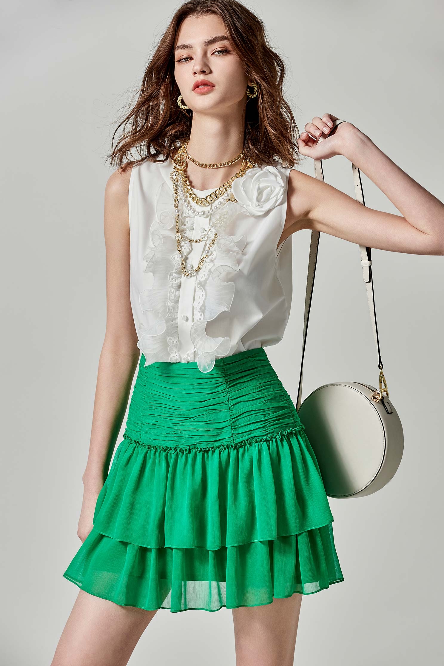 Irregular Pleated Chiffon Tiered SkirtIrregular Pleated Chiffon Tiered Skirt,Season (SS) Look,Mini skirts,Chiffon