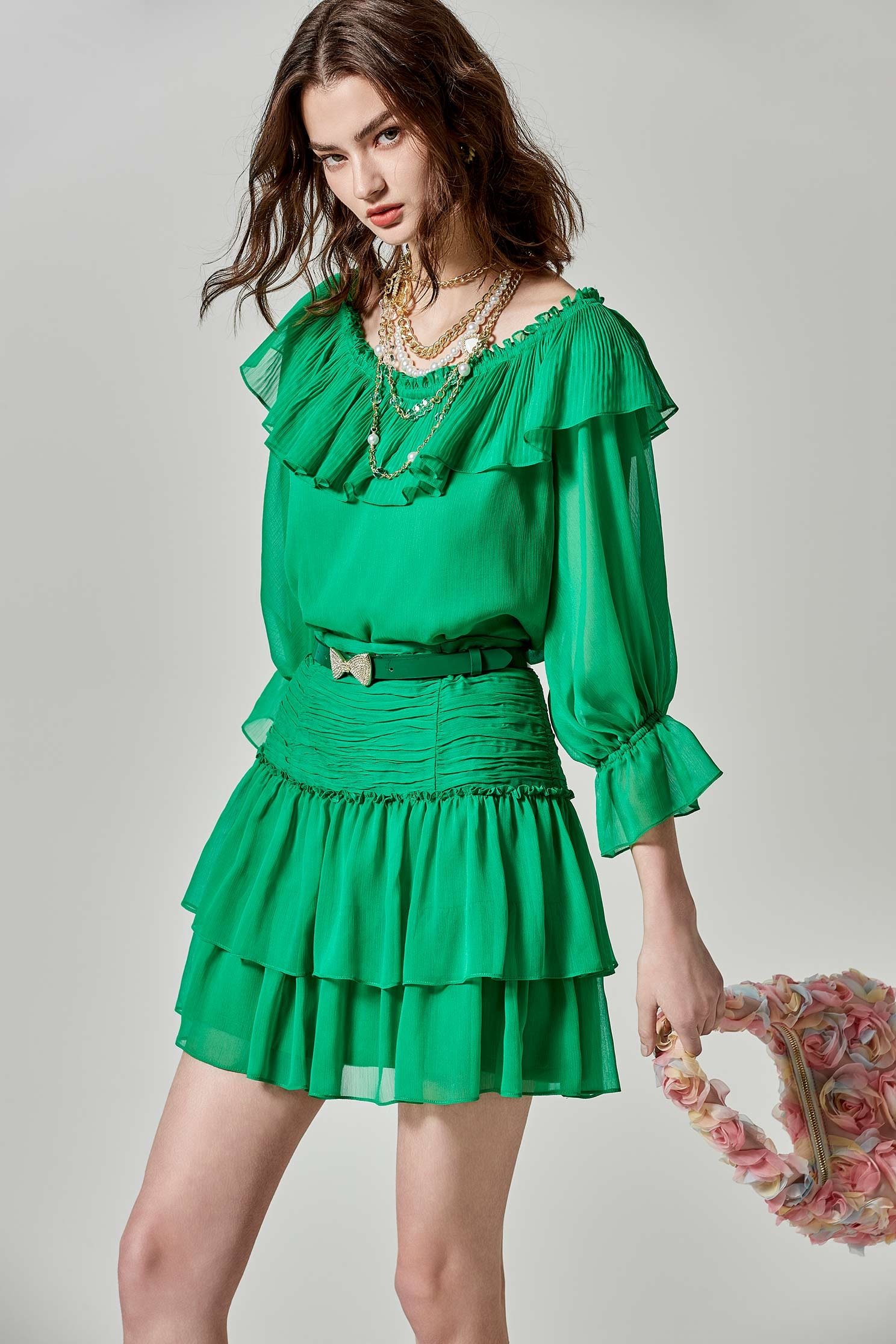 Irregular Pleated Chiffon Tiered SkirtIrregular Pleated Chiffon Tiered Skirt,Season (SS) Look,Mini skirts,Chiffon