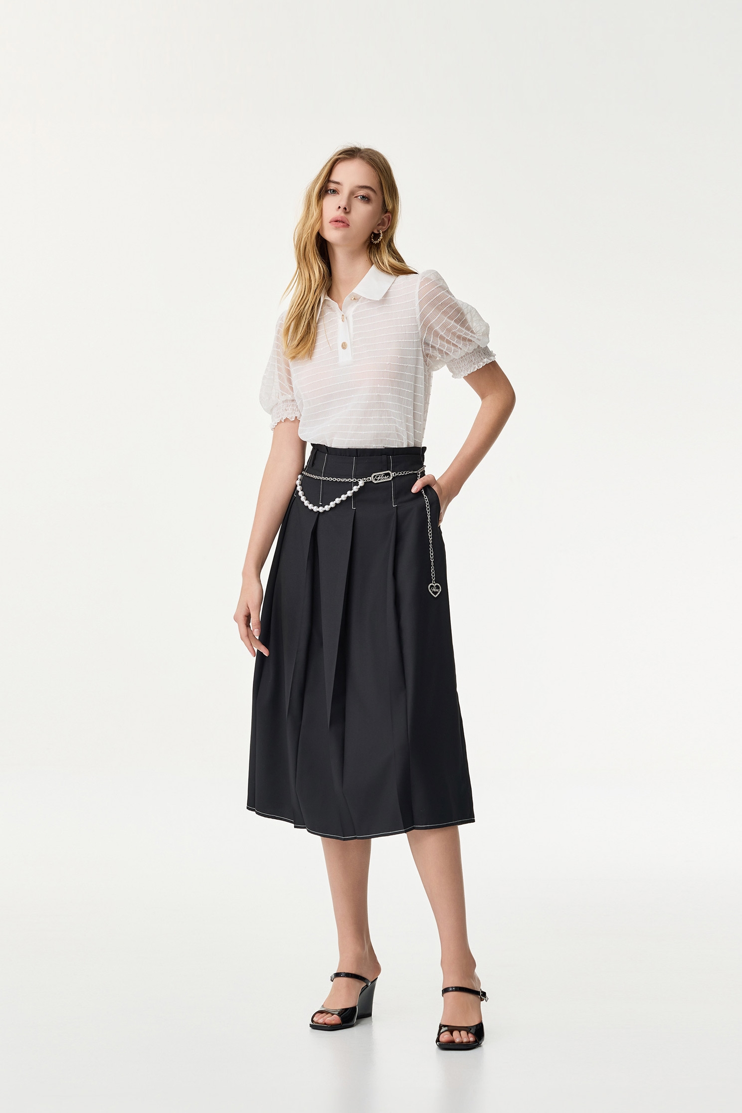 Black Pleated Midi SkirtBlack Pleated Midi Skirt,Season (SS) Look,Midi skirts