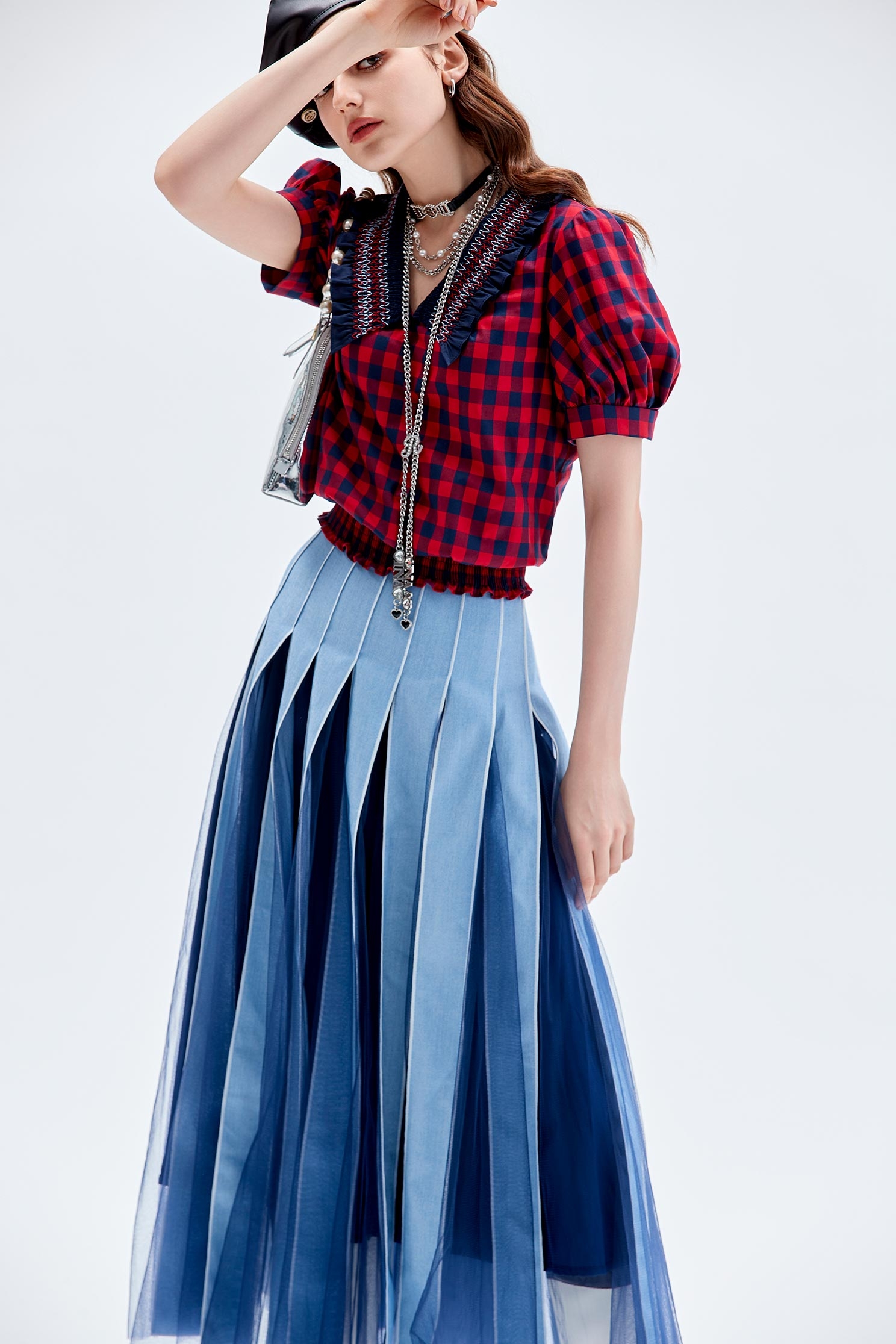 Denim With Mesh Patchwork Maxi SkirtDenim With Mesh Patchwork Maxi Skirt,Denim,Pleated skirts,Season (AW) Look,Mesh fabric,Midi skirts