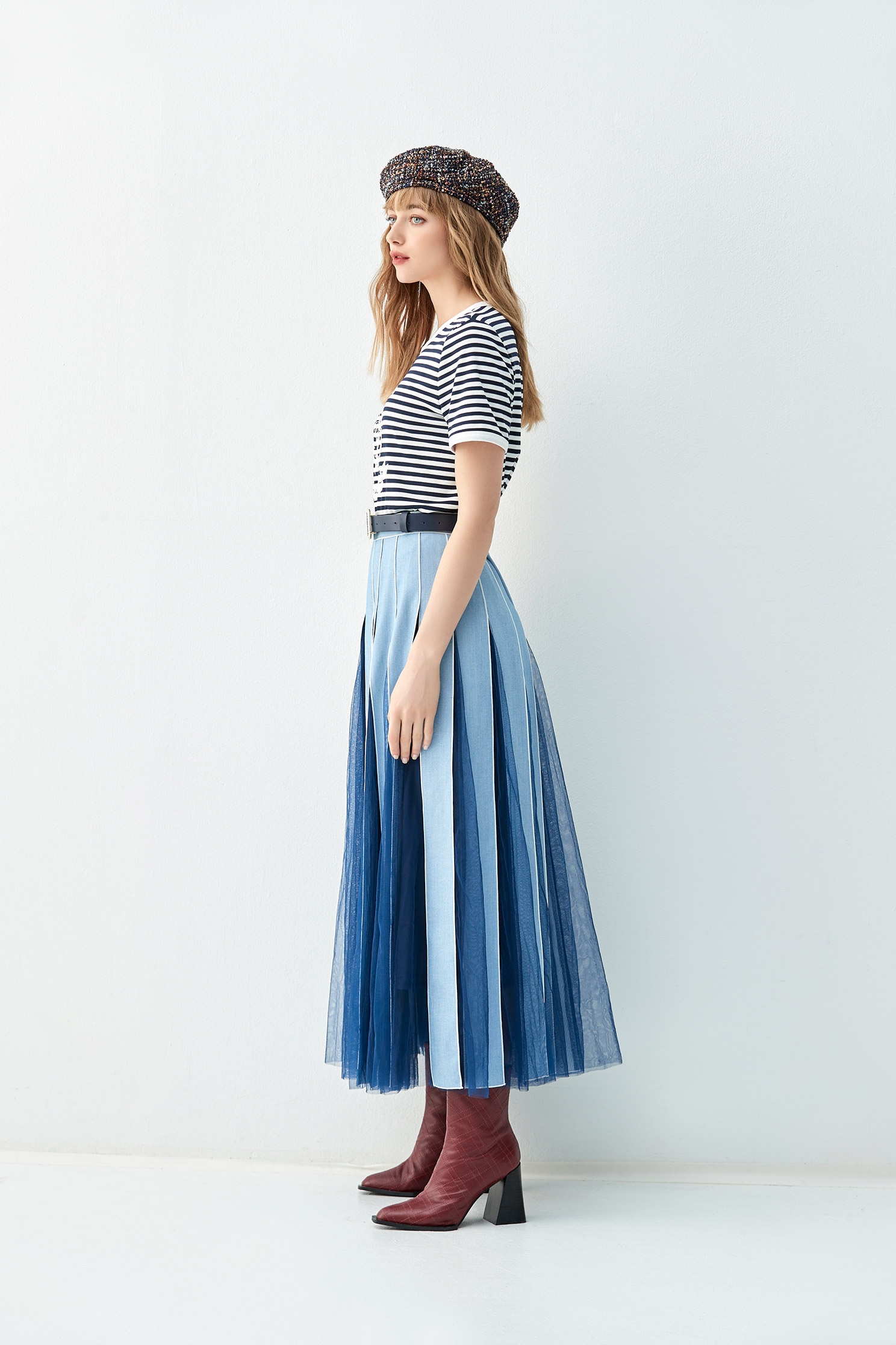 Denim With Mesh Patchwork Maxi SkirtDenim With Mesh Patchwork Maxi Skirt,Denim,Pleated skirts,Season (AW) Look,Mesh fabric,Midi skirts