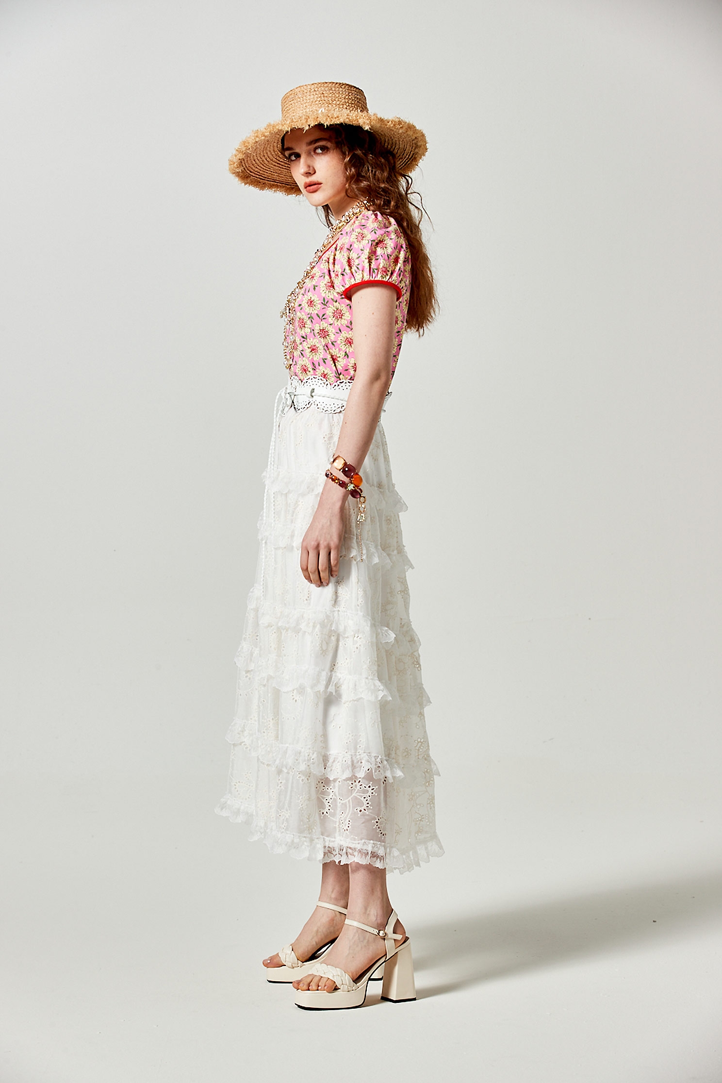 Floral Embroidery Tiered SkirtFloral Embroidery Tiered Skirt,Embroidered,Season (SS) Look,Embroidered,Lace,Midi skirts,Chiffon