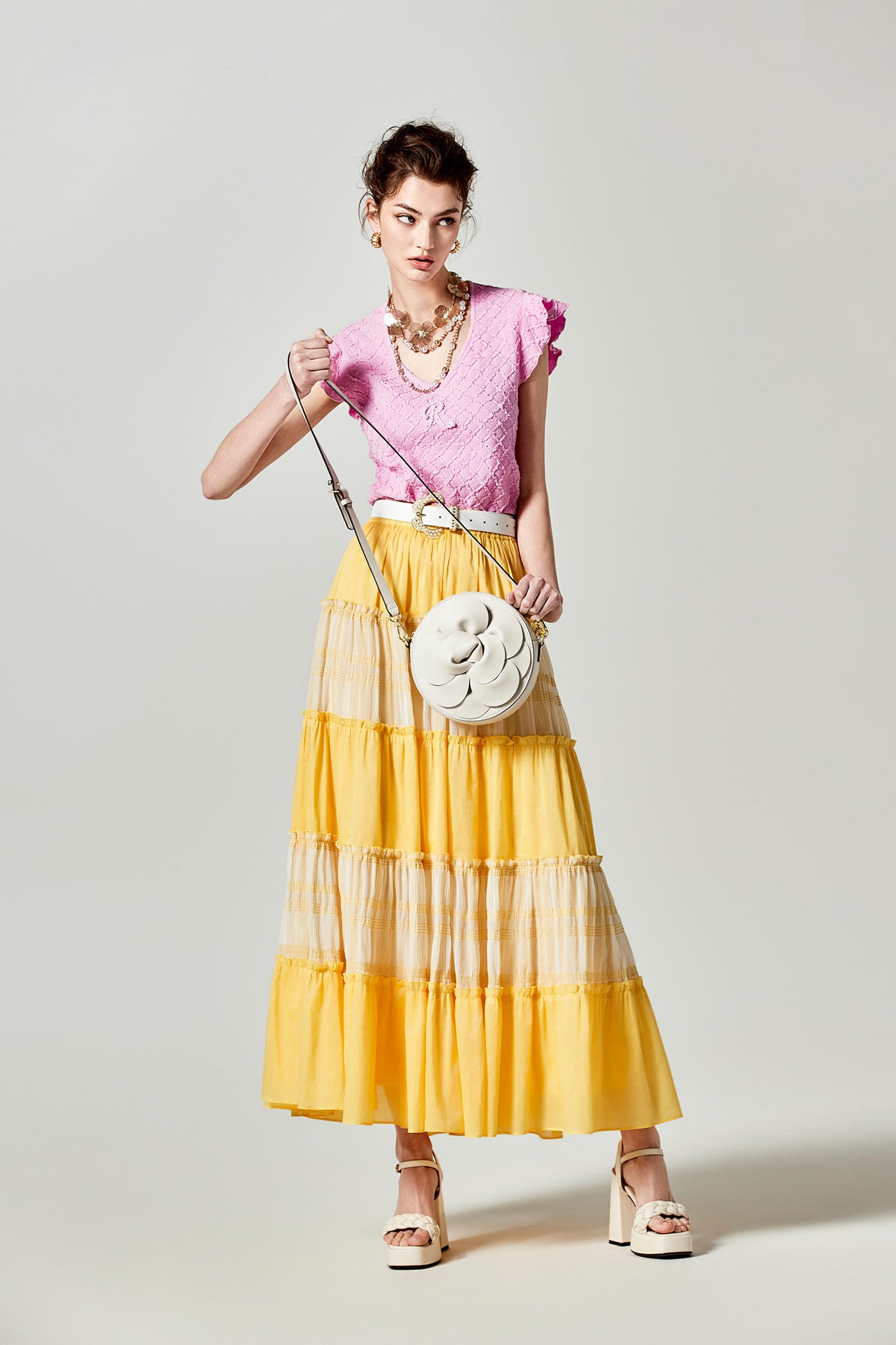 Yellow Patchwork Tiered SkirtYellow Patchwork Tiered Skirt,Season (SS) Look,Plaid,Layered skirts,Midi skirts