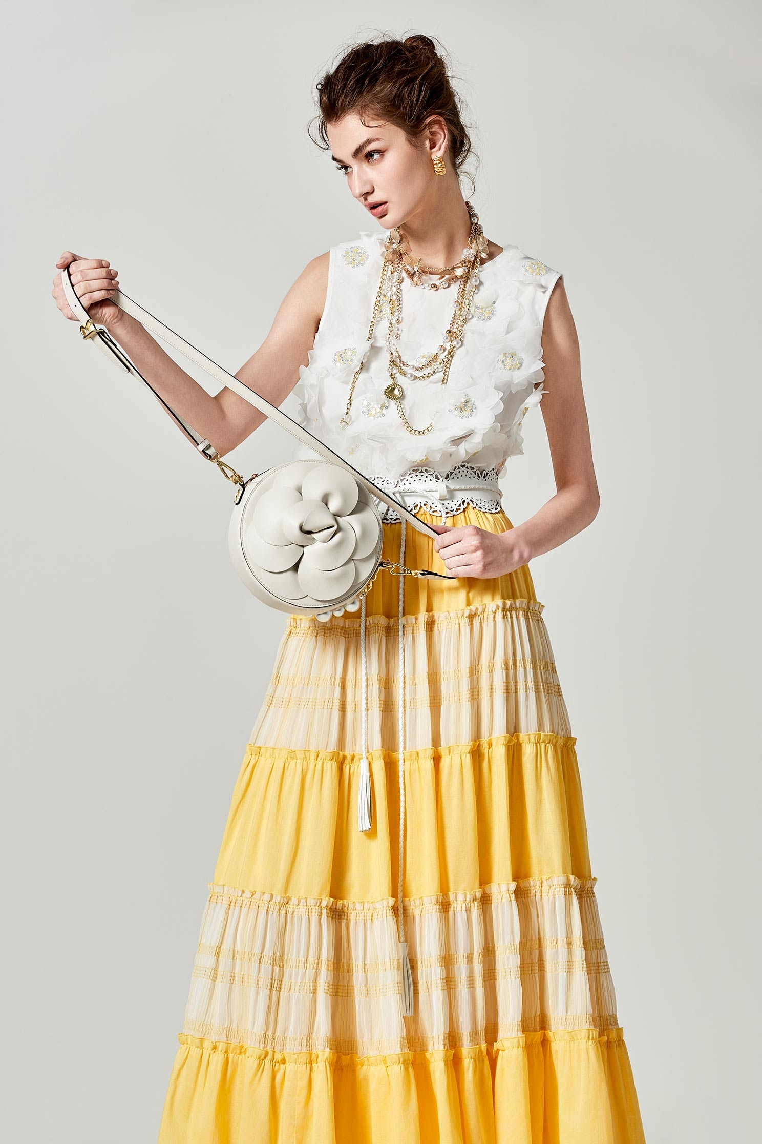 Yellow Patchwork Tiered SkirtYellow Patchwork Tiered Skirt,Season (SS) Look,Plaid,Layered skirts,Midi skirts