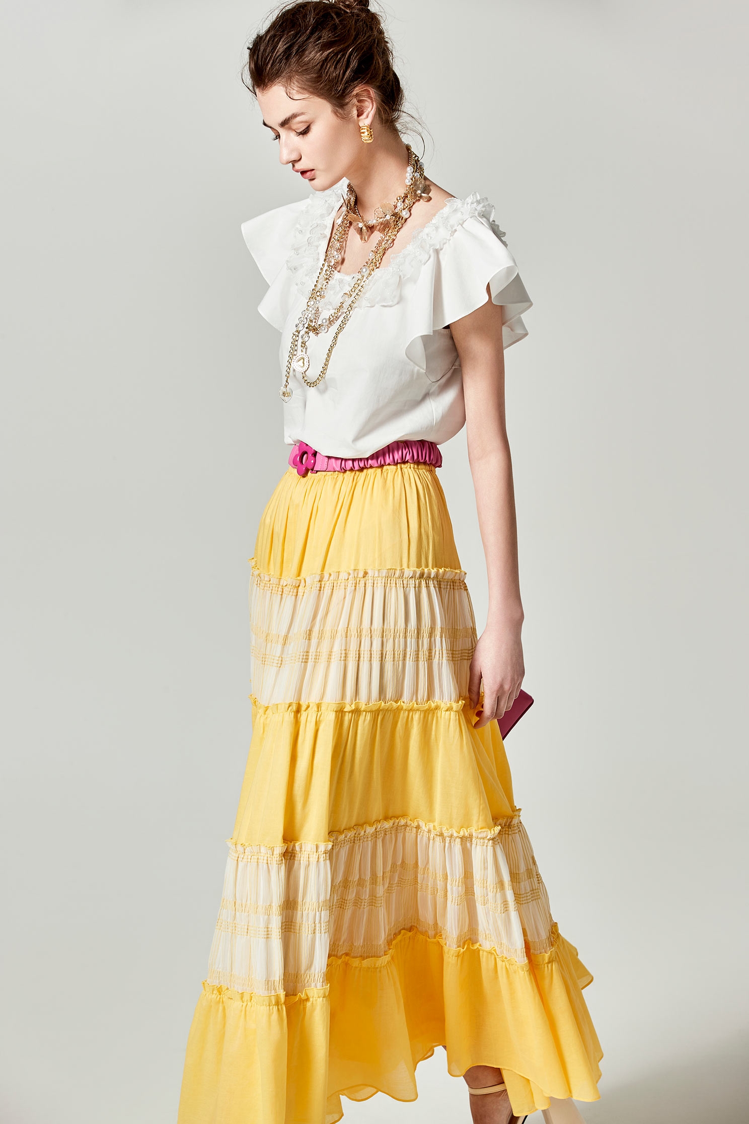 Yellow Patchwork Tiered SkirtYellow Patchwork Tiered Skirt,Season (SS) Look,Plaid,Layered skirts,Midi skirts