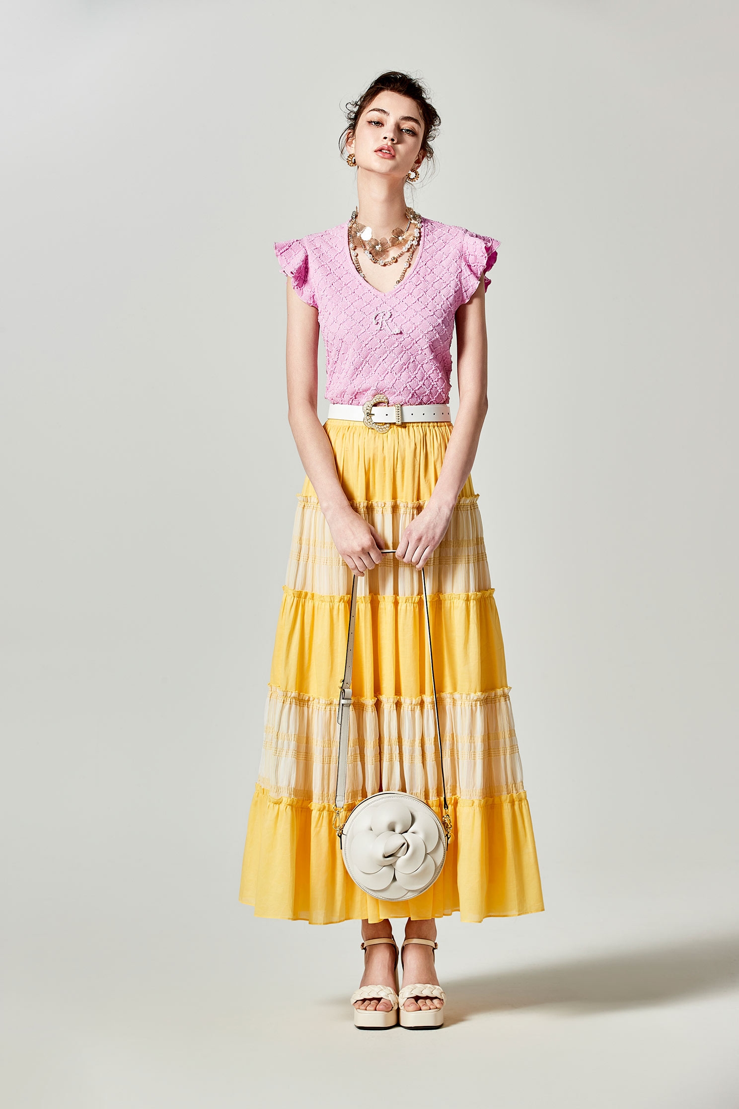 Yellow Patchwork Tiered SkirtYellow Patchwork Tiered Skirt,Season (SS) Look,Plaid,Layered skirts,Midi skirts