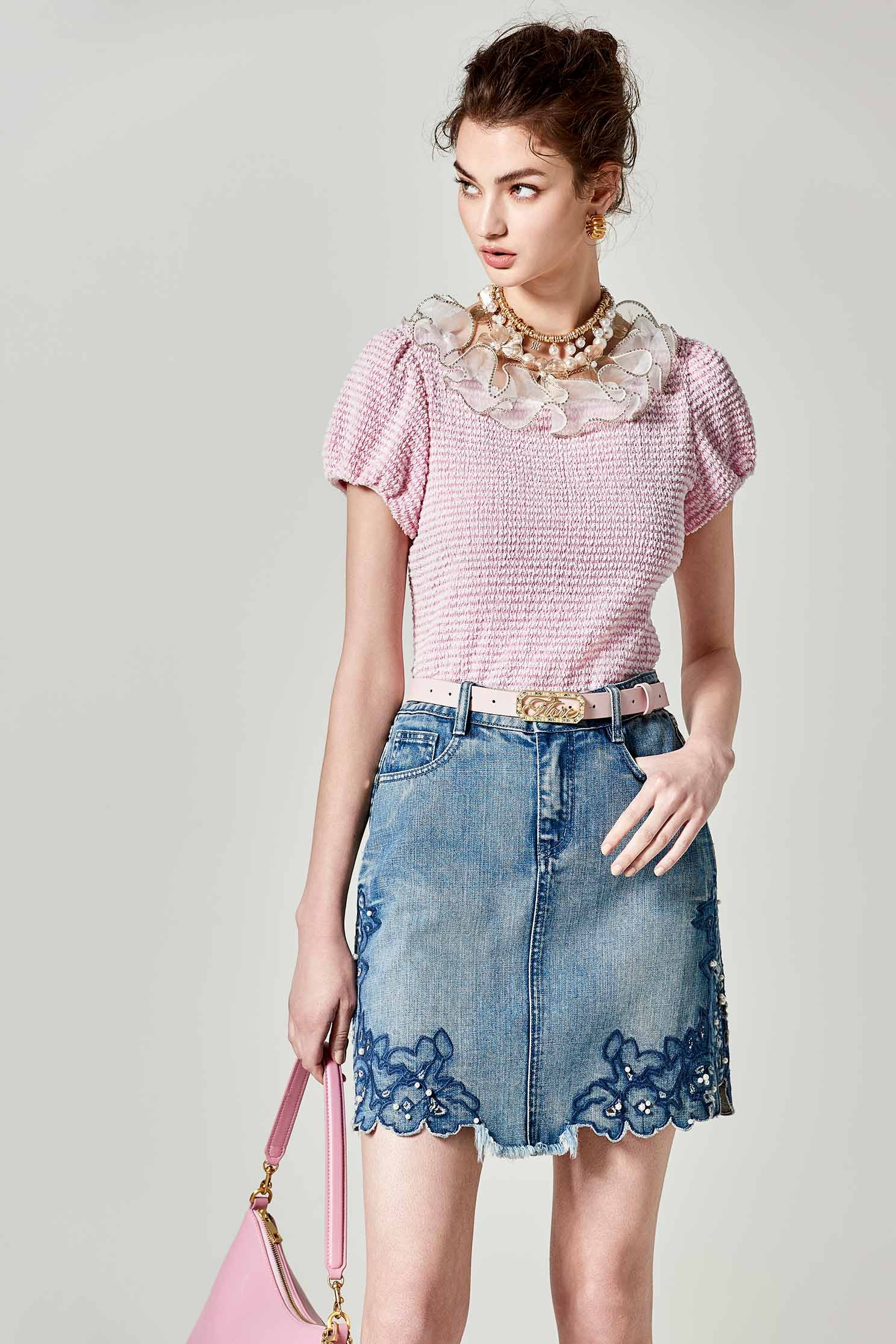 Pearl With Embroidery Detail Denim SkirtPearl With Embroidery Detail Denim Skirt,Season (SS) Look,Denim,Denim mini skirts,Denim skirts,pearl,Mini skirts,Embroidered