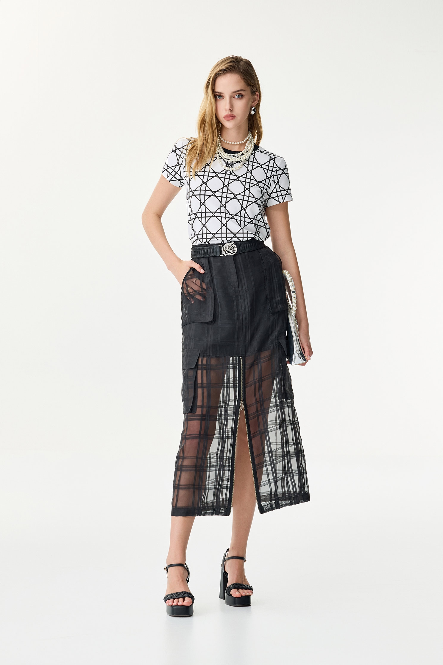 Checkered Organza Midi SkirtCheckered Organza Midi Skirt
