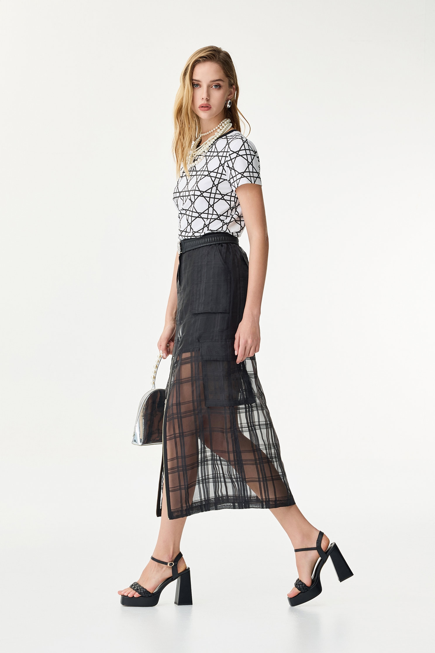 Checkered Organza Midi SkirtCheckered Organza Midi Skirt