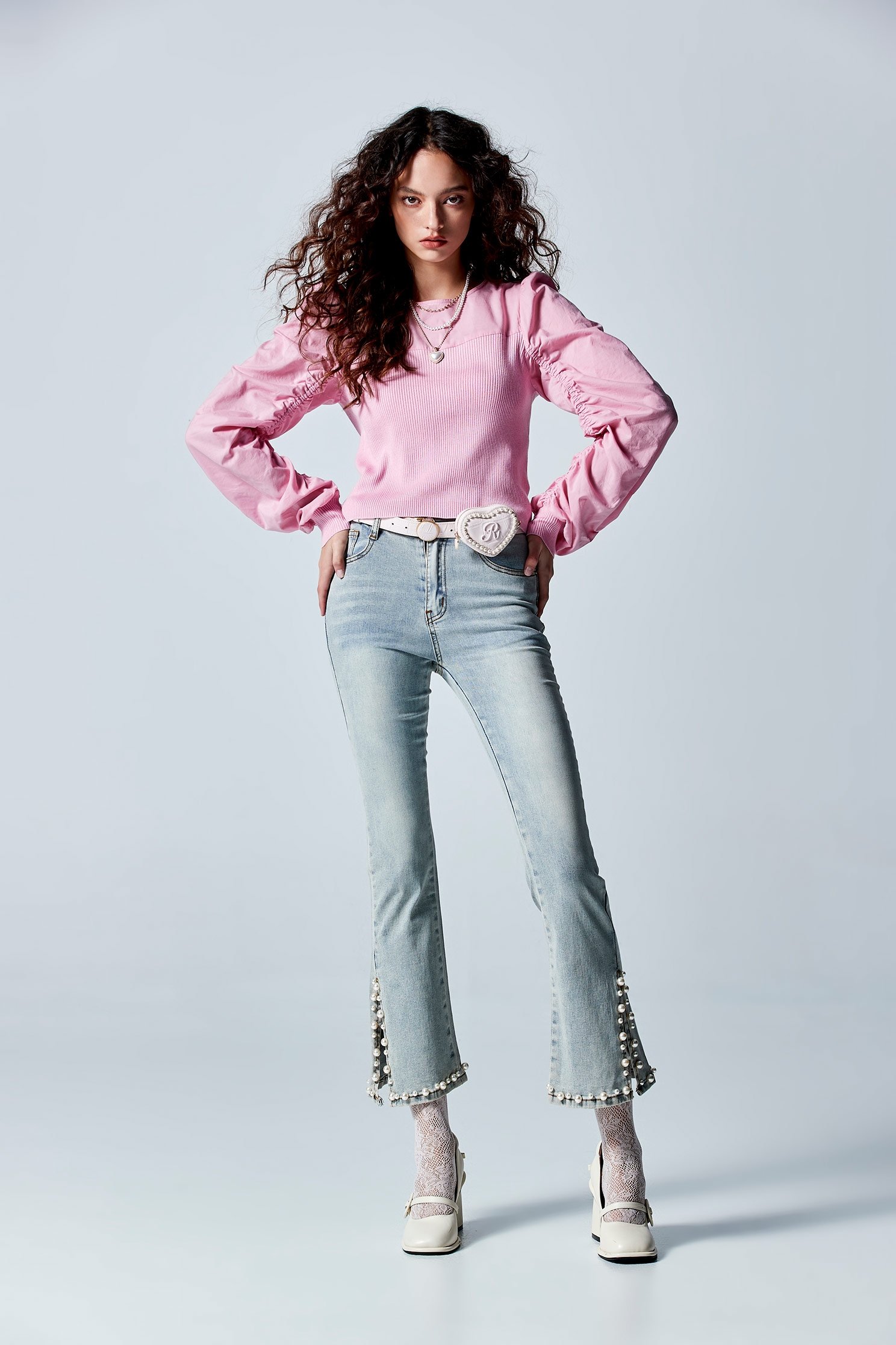 Side Slit Jeans With Pearl AppliqueSide Slit Jeans With Pearl Applique,Bell-bottoms,Denim,Jeans,pearl,Season (AW) Look,Bell-bottoms