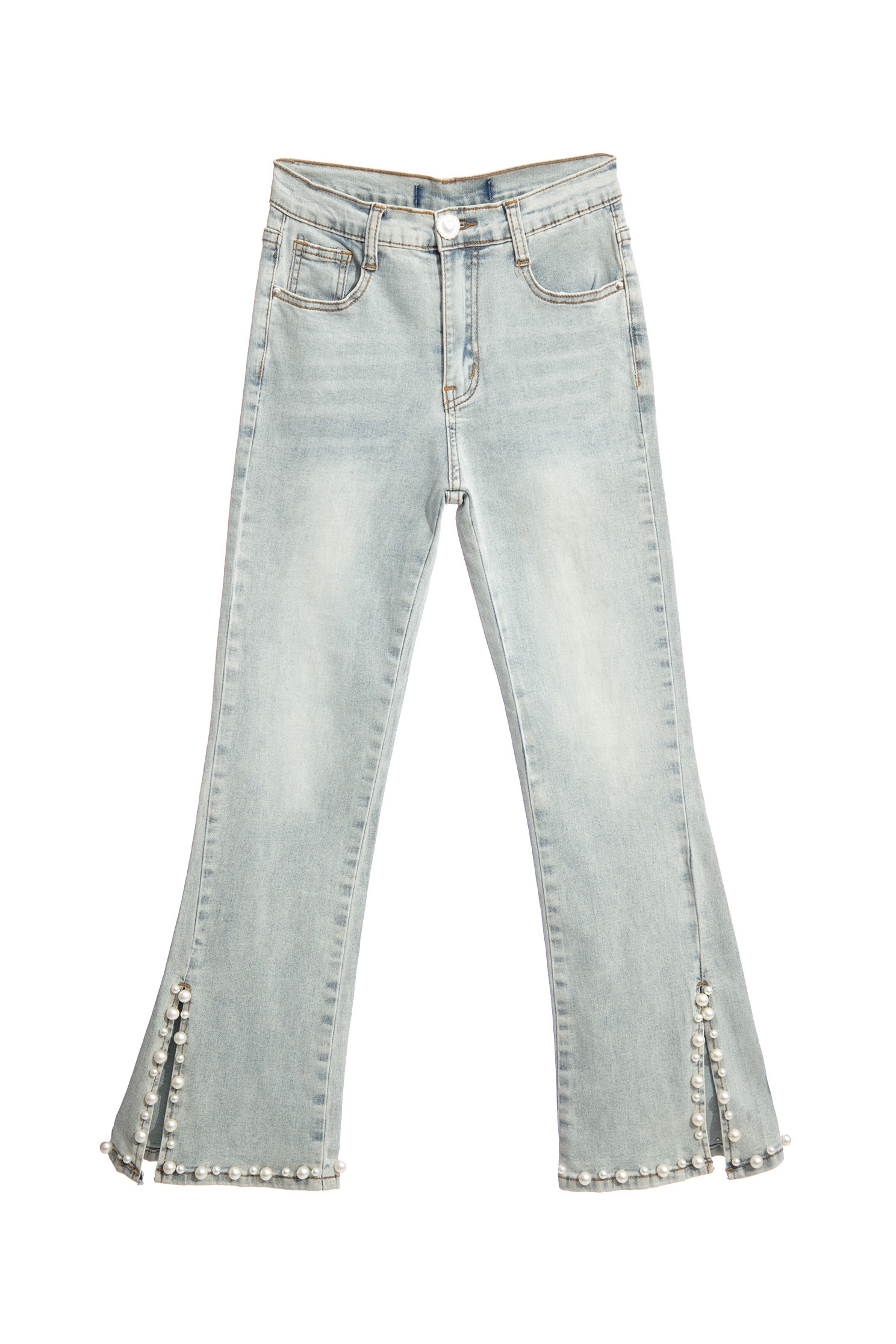 Side Slit Jeans With Pearl AppliqueSide Slit Jeans With Pearl Applique,Bell-bottoms,Denim,Jeans,pearl,Season (AW) Look,Bell-bottoms