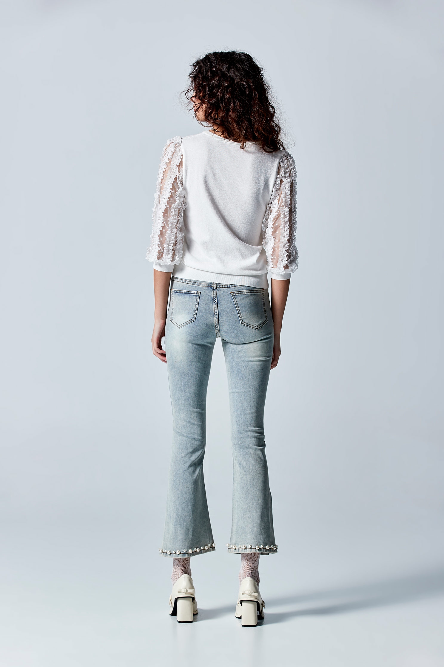 Side Slit Jeans With Pearl AppliqueSide Slit Jeans With Pearl Applique,Bell-bottoms,Denim,Jeans,pearl,Season (AW) Look,Bell-bottoms