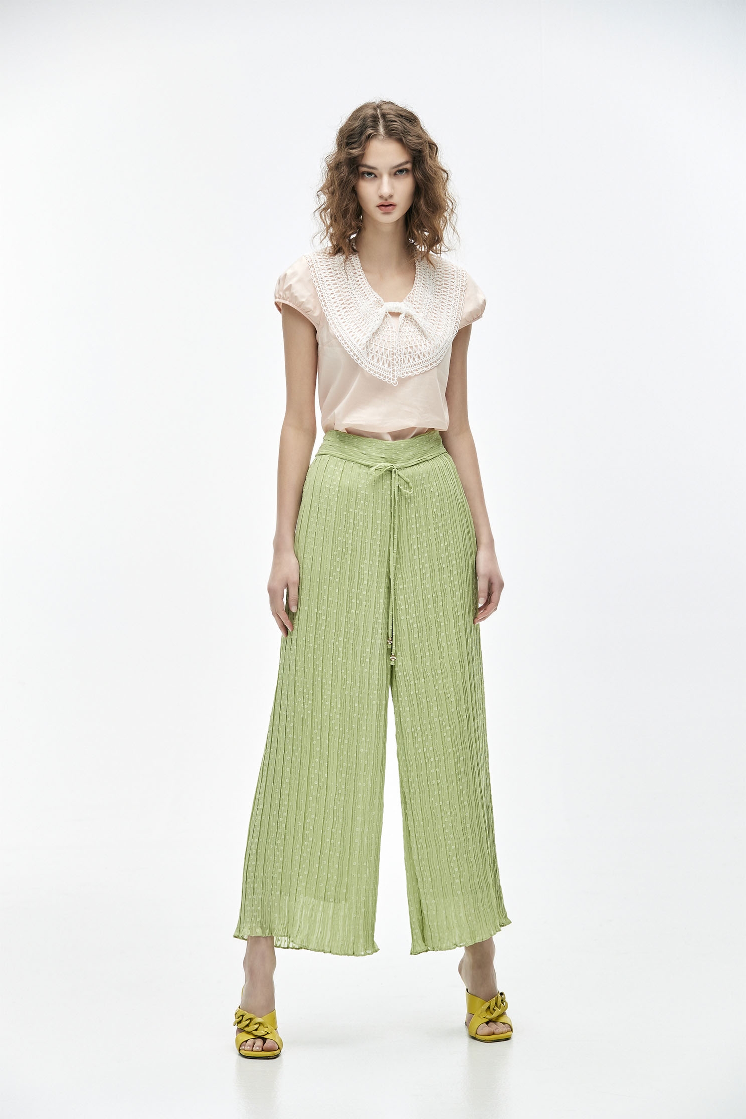 Wide-Leg Casual Green PantsSporty waistband pleated pants,Queen,Culottes,Season (SS) Look,healing colors,Culottes,Pants