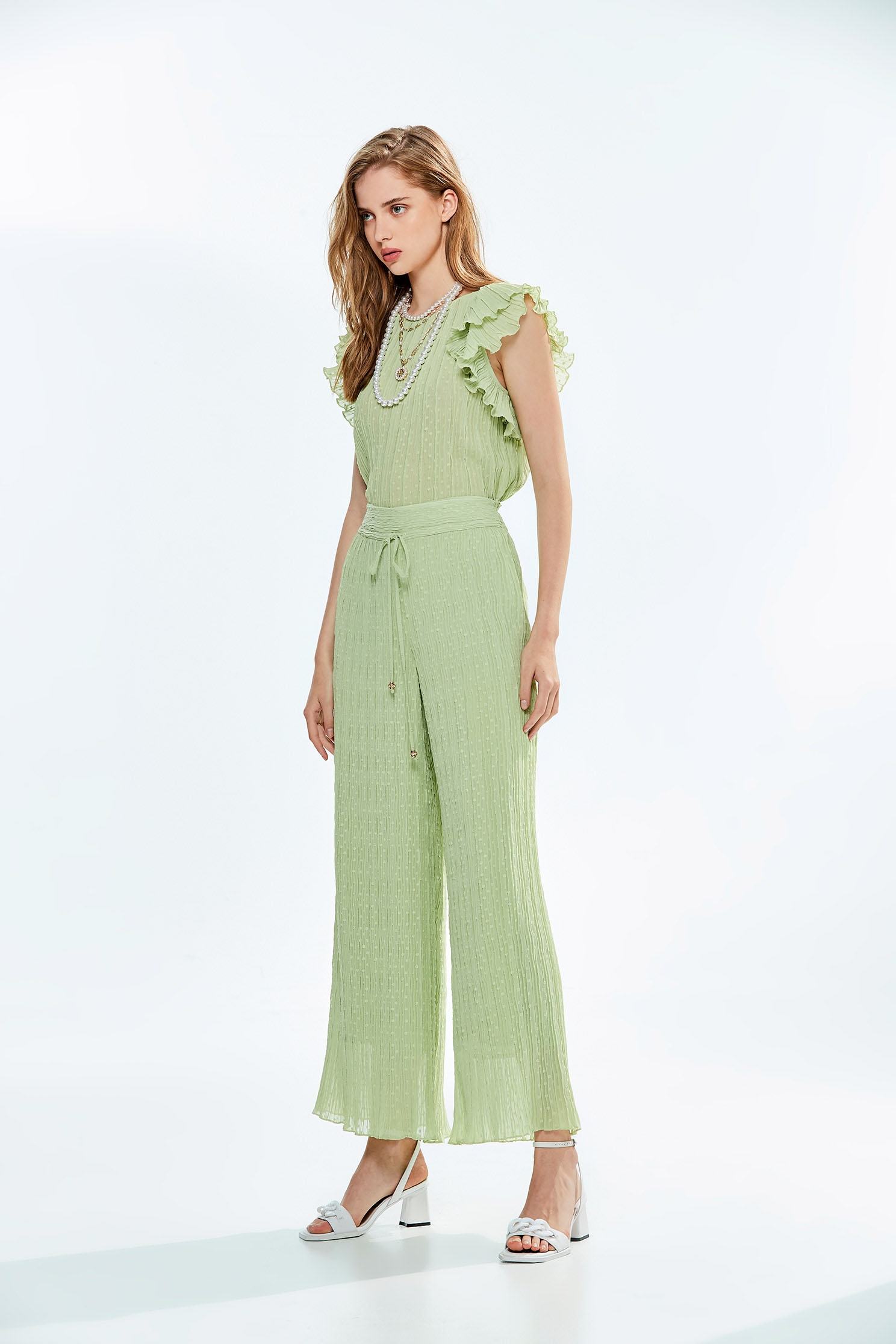 Wide-Leg Casual Green PantsSporty waistband pleated pants,Queen,Culottes,Season (SS) Look,healing colors,Culottes,Pants