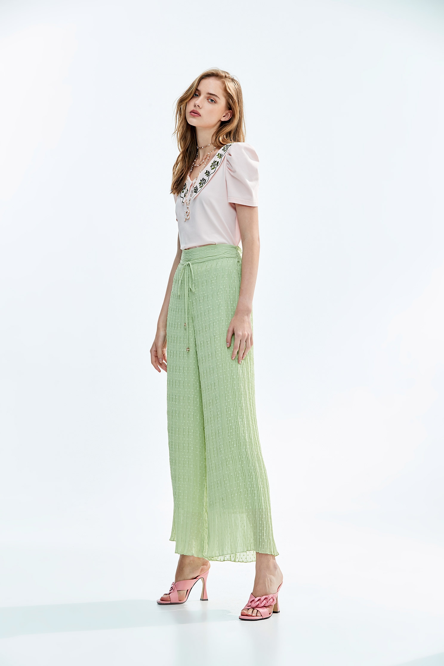 Wide-Leg Casual Green PantsSporty waistband pleated pants,Queen,Culottes,Season (SS) Look,healing colors,Culottes,Pants