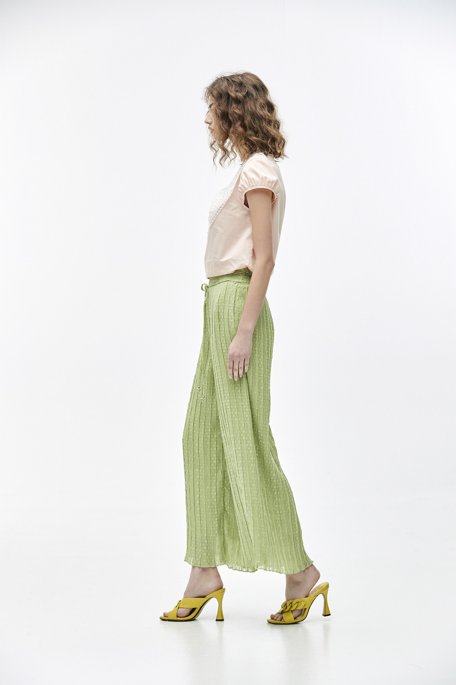 Wide-Leg Casual Green PantsSporty waistband pleated pants,Queen,Culottes,Season (SS) Look,healing colors,Culottes,Pants