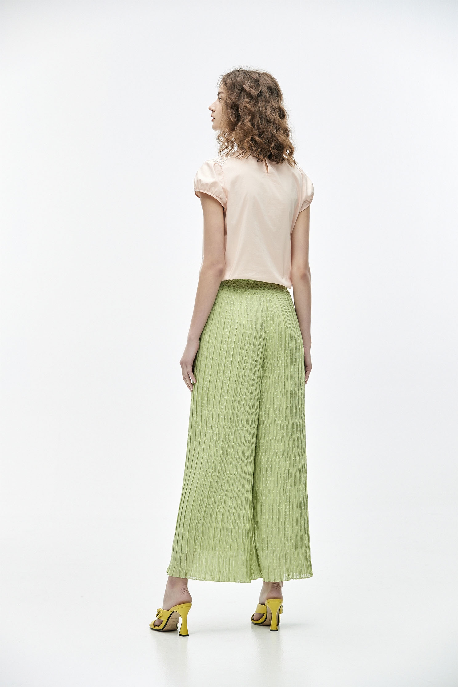 Wide-Leg Casual Green PantsSporty waistband pleated pants,Queen,Culottes,Season (SS) Look,healing colors,Culottes,Pants