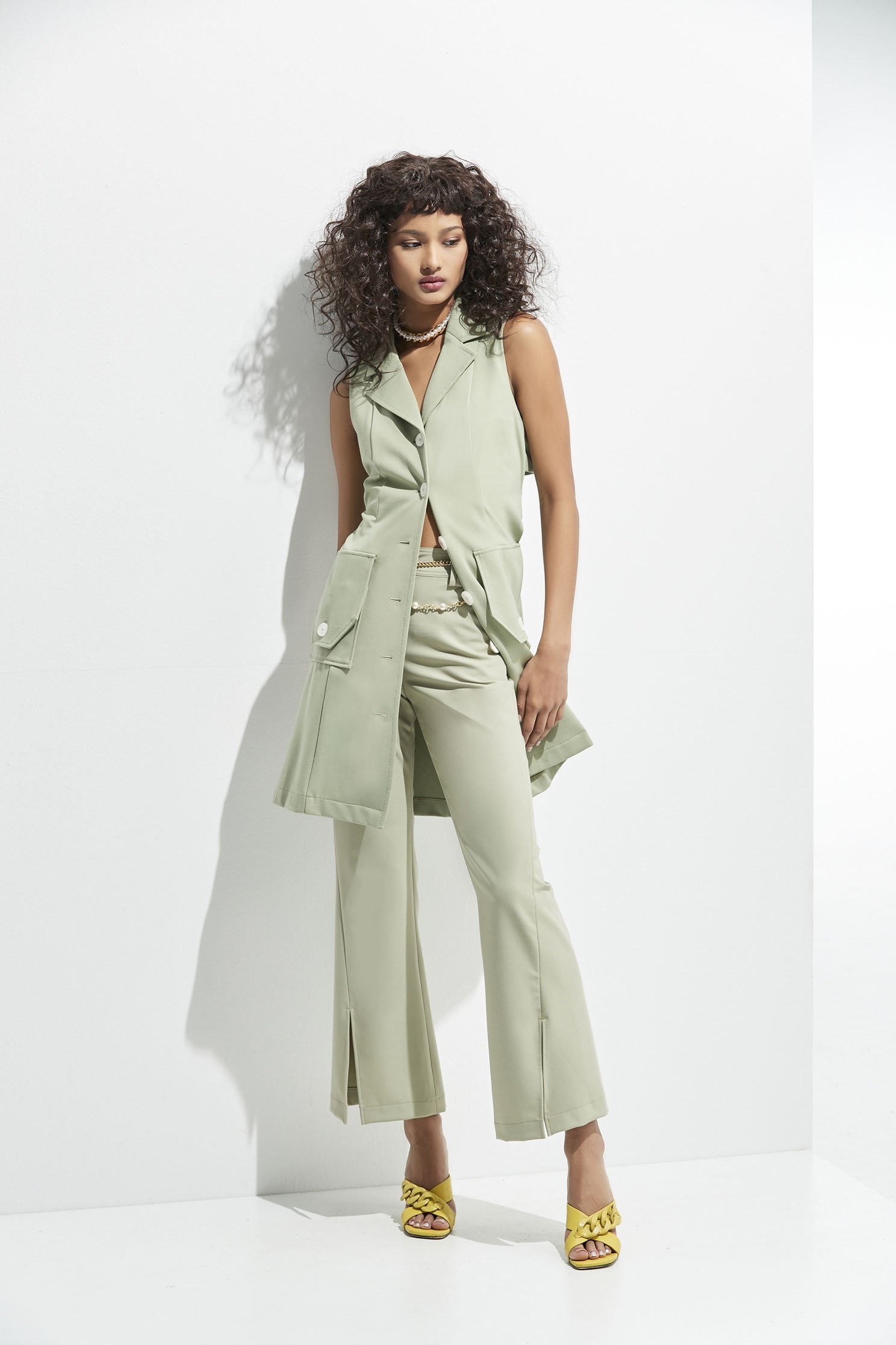 Boot Leg Green Pants With Front Slitslim FLARED TROUSERS,Bell-bottoms,Season (SS) Look,healing colors,Bell-bottoms,Pants