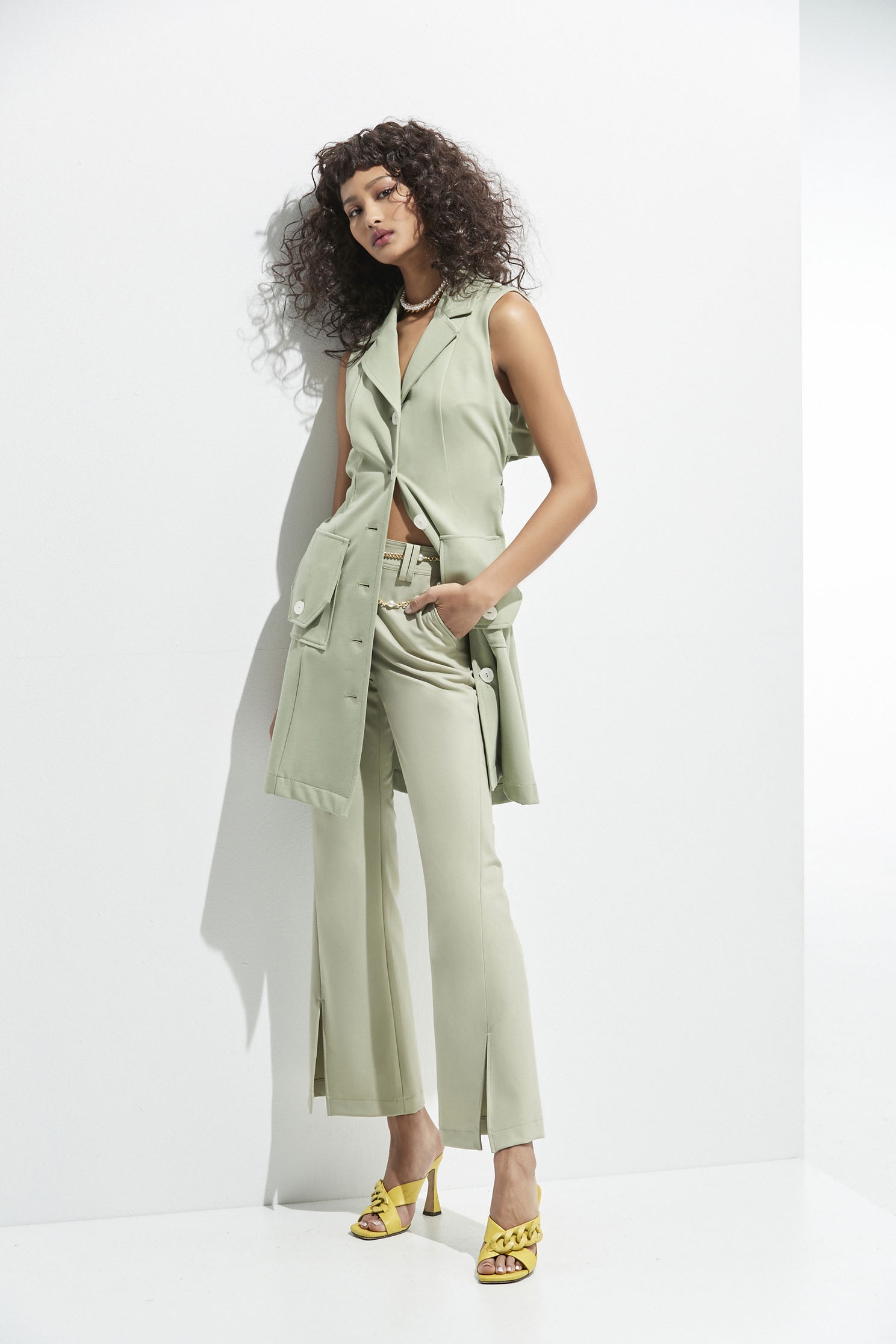 Boot Leg Green Pants With Front Slitslim FLARED TROUSERS,Bell-bottoms,Season (SS) Look,healing colors,Bell-bottoms,Pants