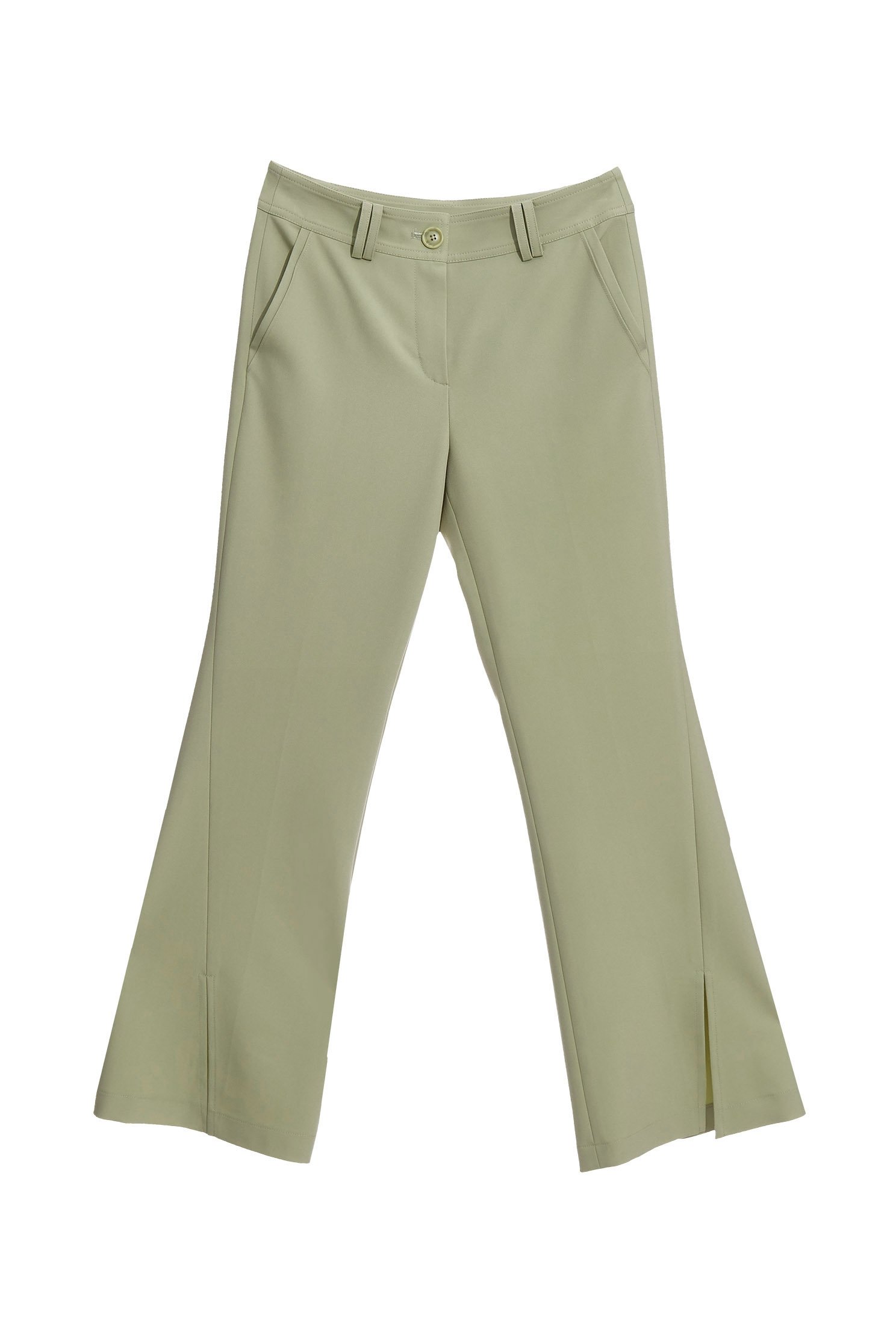 Boot Leg Green Pants With Front Slitslim FLARED TROUSERS,Bell-bottoms,Season (SS) Look,healing colors,Bell-bottoms,Pants