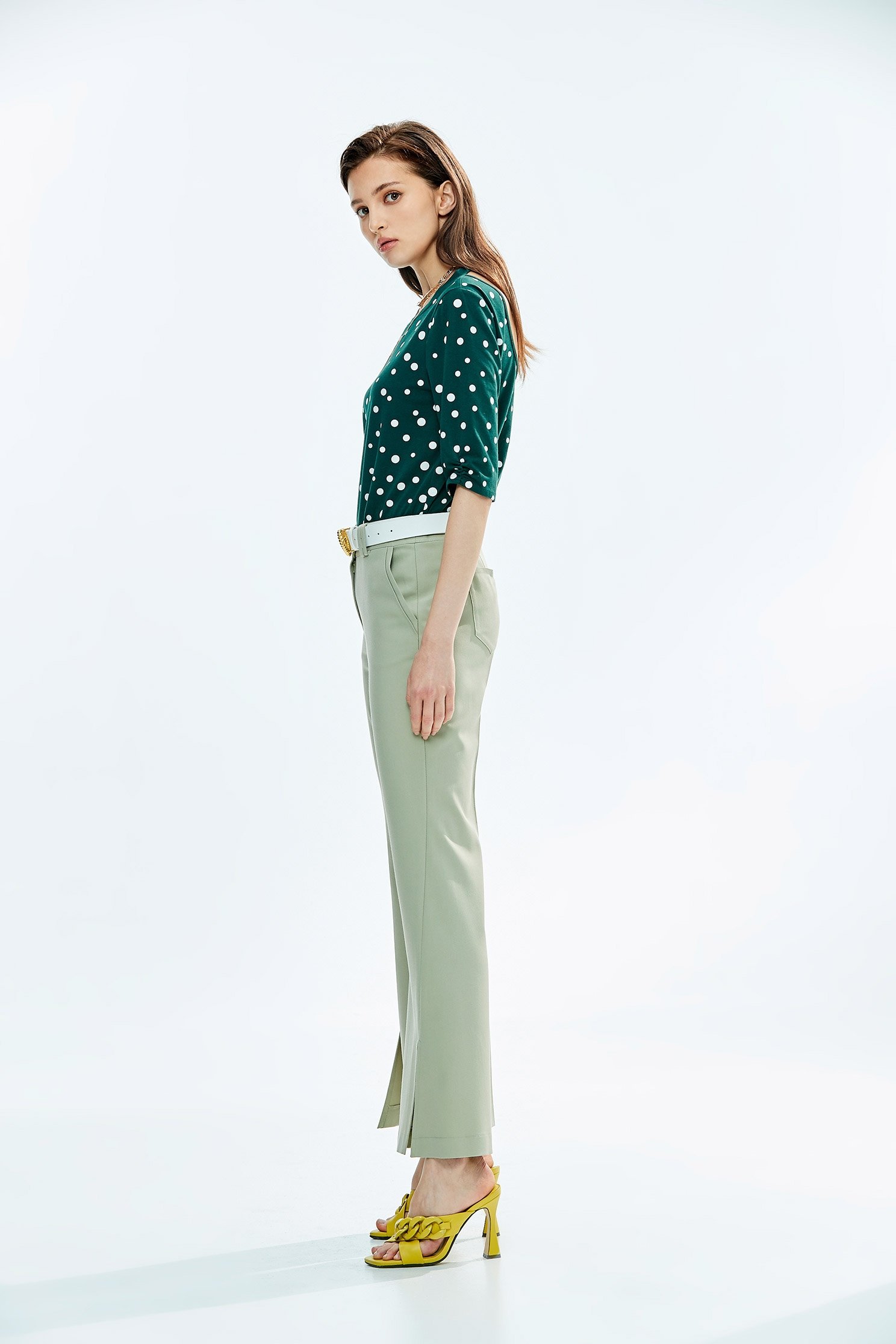 Boot Leg Green Pants With Front Slitslim FLARED TROUSERS,Bell-bottoms,Season (SS) Look,healing colors,Bell-bottoms,Pants