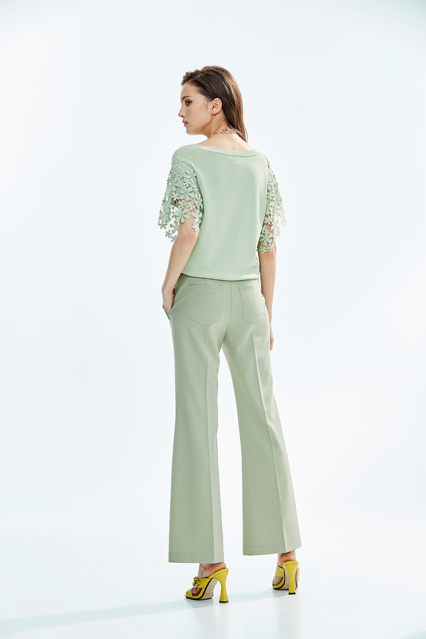 Boot Leg Green Pants With Front Slitslim FLARED TROUSERS,Bell-bottoms,Season (SS) Look,healing colors,Bell-bottoms,Pants