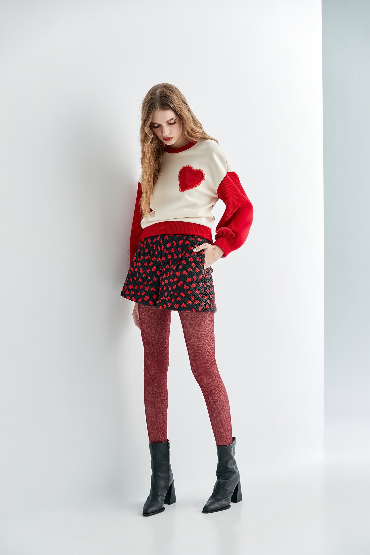 Quilted Printed Hearts ShortsHeart embossed shorts,Shorts,Season (AW) Look,Valentine