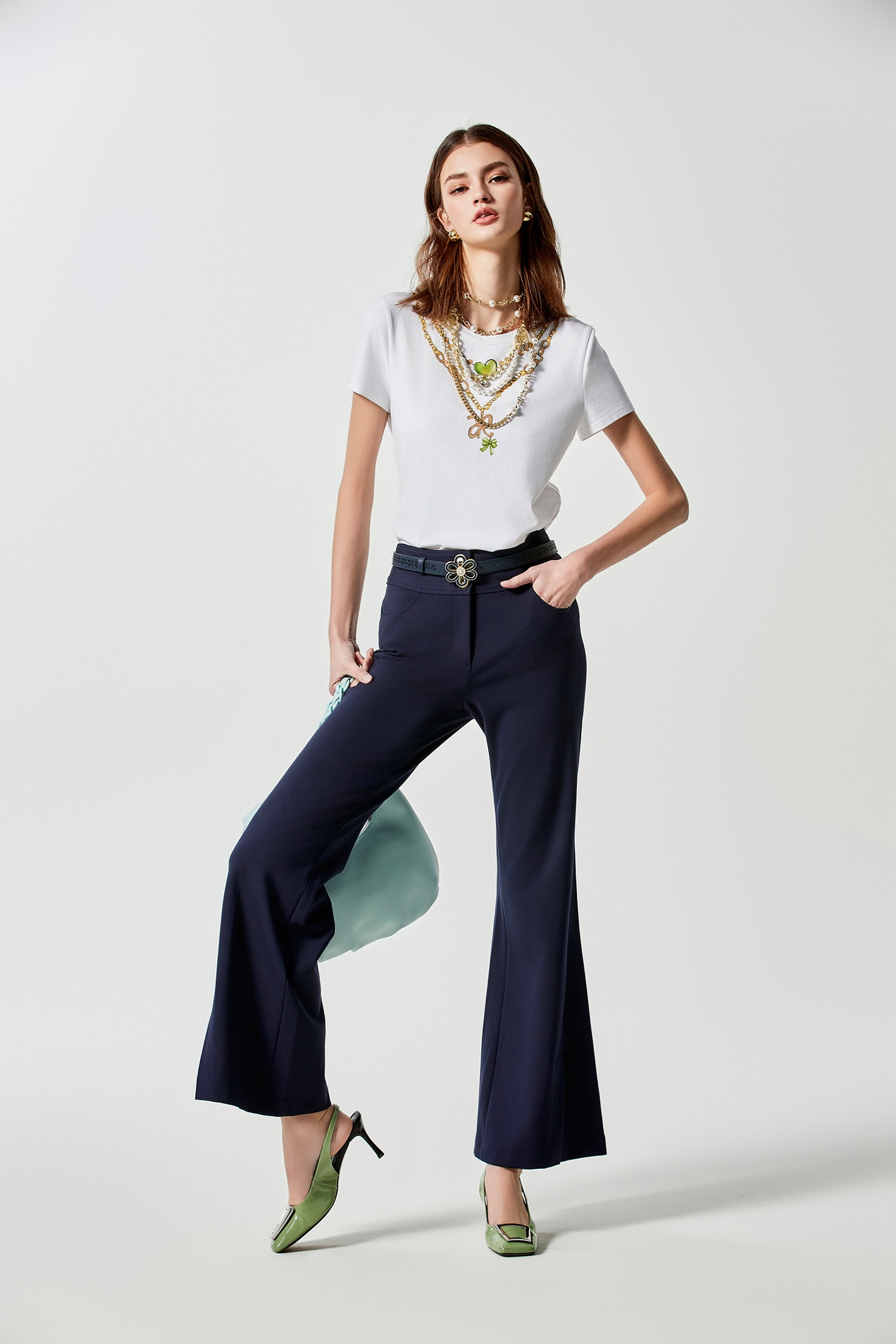 Boot Leg Navy PantsFlocked Wide Leg Trousers,Bell-bottoms,Season (AW) Look,Bell-bottoms,Pants