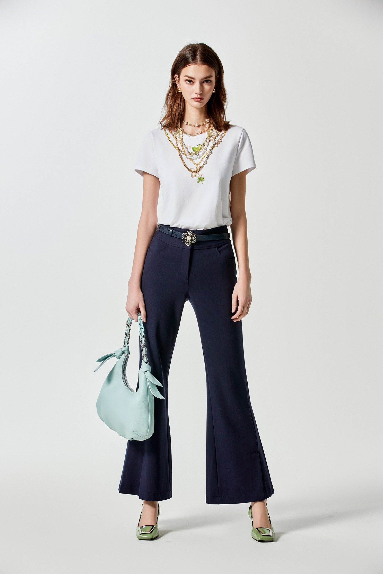 Boot Leg Navy PantsFlocked Wide Leg Trousers,Bell-bottoms,Season (AW) Look,Bell-bottoms,Pants