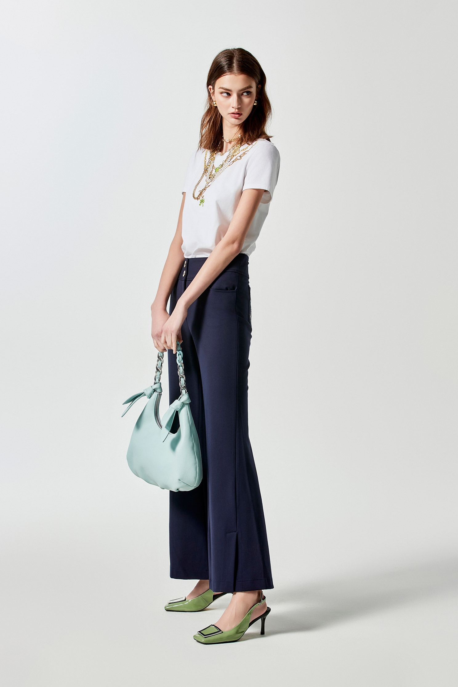 Boot Leg Navy PantsFlocked Wide Leg Trousers,Bell-bottoms,Season (AW) Look,Bell-bottoms,Pants