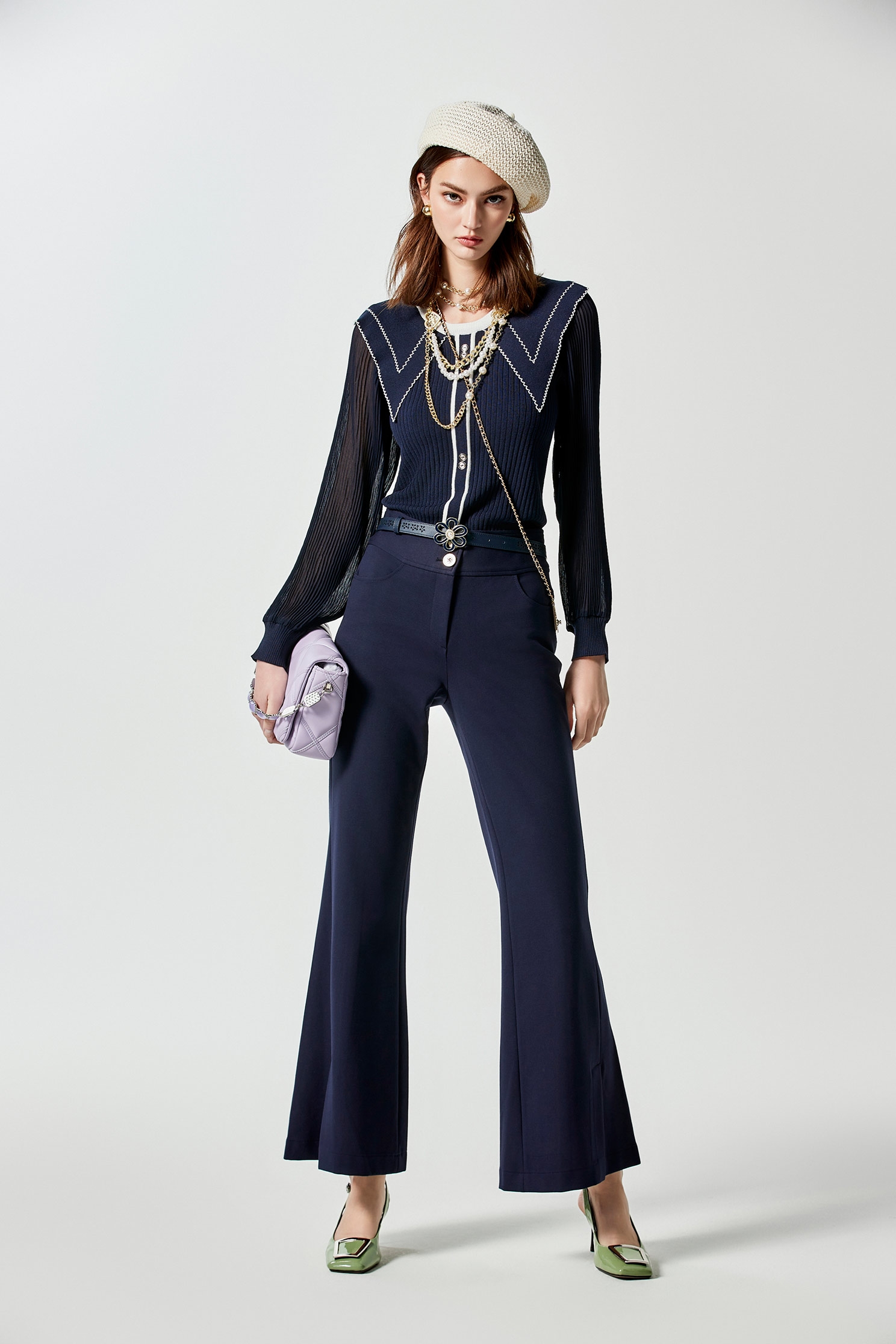 Boot Leg Navy PantsFlocked Wide Leg Trousers,Bell-bottoms,Season (AW) Look,Bell-bottoms,Pants