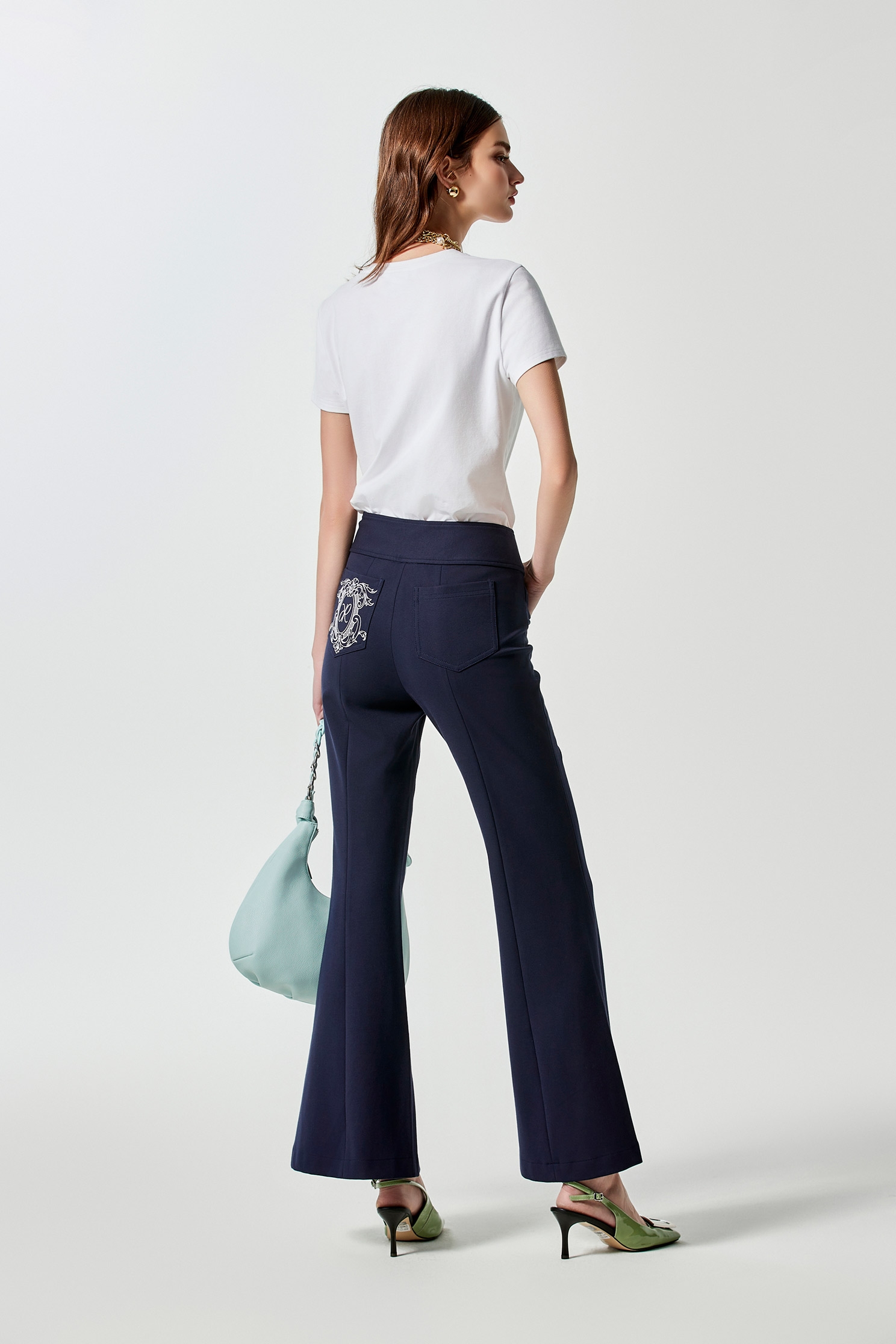 Boot Leg Navy PantsFlocked Wide Leg Trousers,Bell-bottoms,Season (AW) Look,Bell-bottoms,Pants